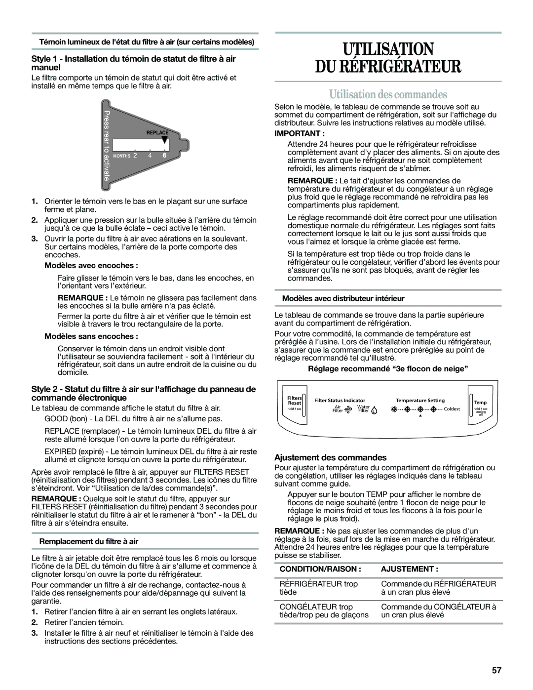 Whirlpool W10359303A Utilisation DU Réfrigérateur, Utilisation des commandes, Ajustement des commandes 