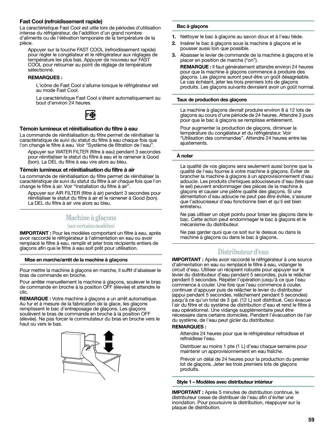 Whirlpool W10359303A installation instructions Machine à glaçons, Distributeur deau, Fast Cool refroidissement rapide 