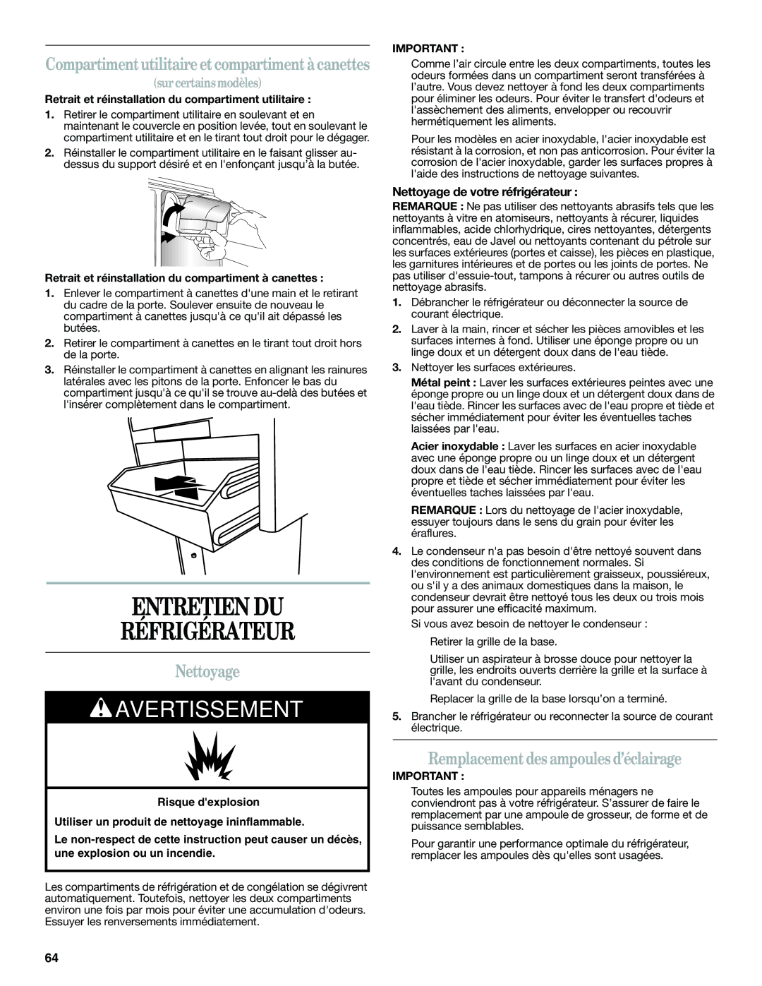 Whirlpool W10359303A installation instructions Entretien DU Réfrigérateur, Nettoyage, Remplacement des ampoules d’éclairage 