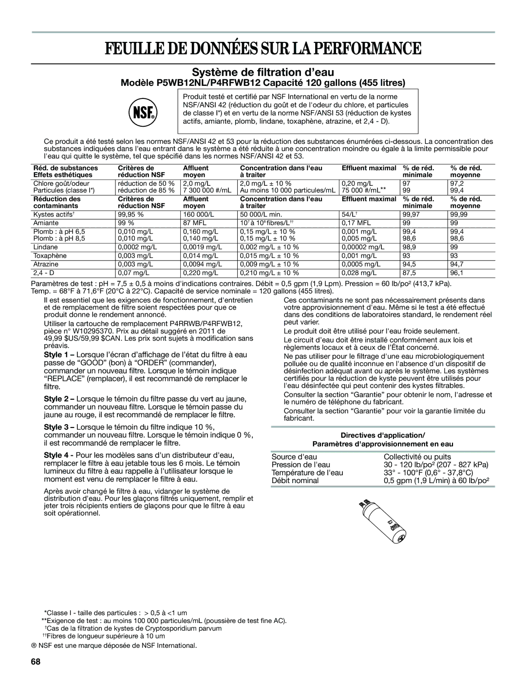 Whirlpool W10359303A installation instructions Feuille DE Données SUR LA Performance, Système de filtration d’eau 