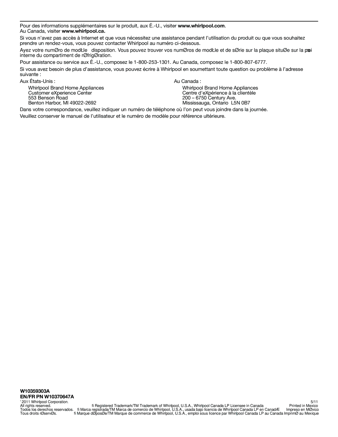 Whirlpool installation instructions W10359303A EN/FR PN W10370647A, Whirlpool Corporation All rights reserved 