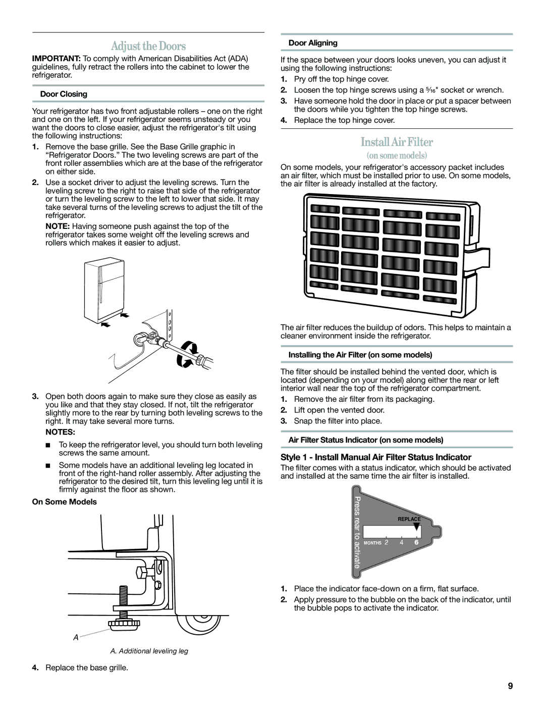 Whirlpool W10359303A Adjust the Doors, Install Air Filter, Style 1 Install Manual Air Filter Status Indicator 