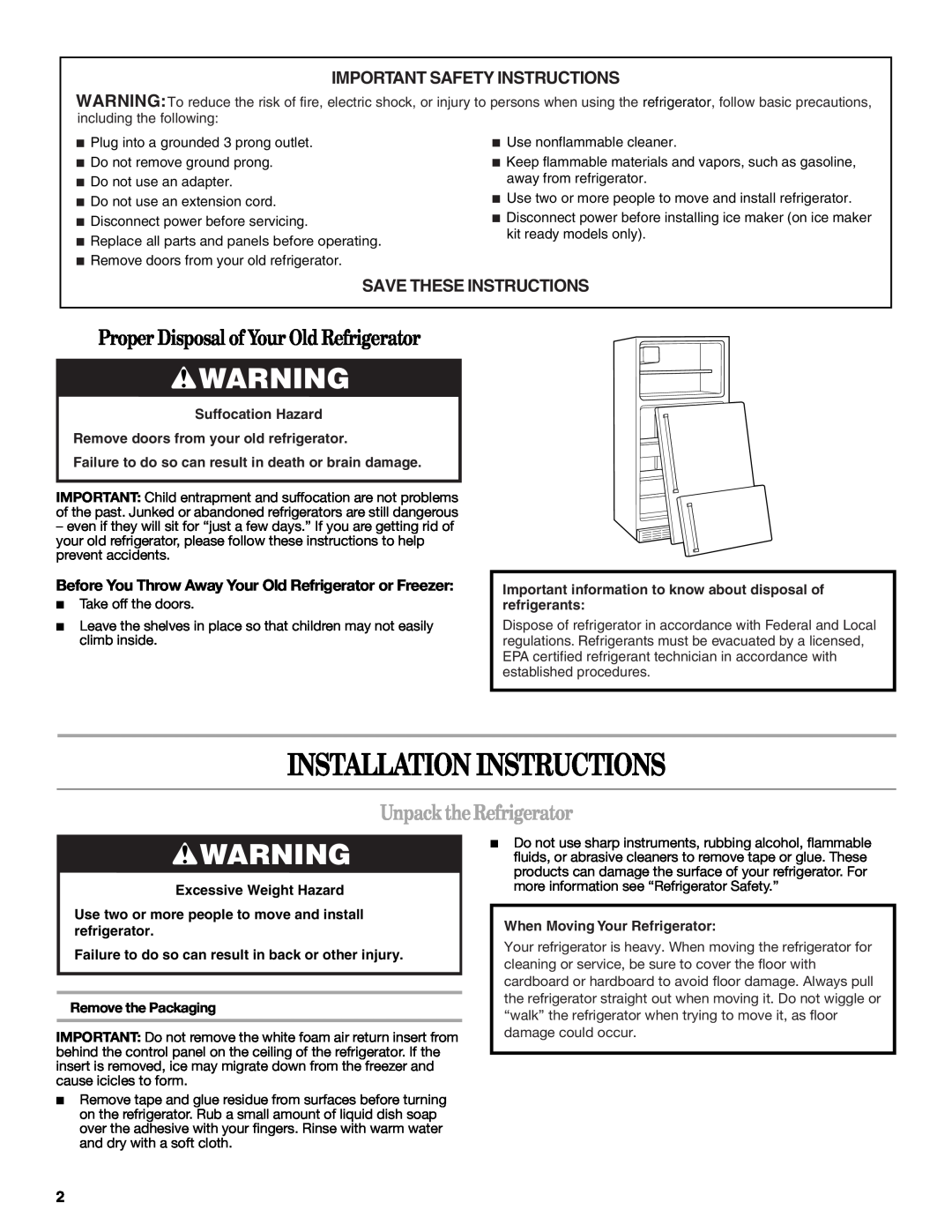 Whirlpool W10359303A Installation Instructions, Proper Disposal of Your Old Refrigerator, Unpack the Refrigerator 