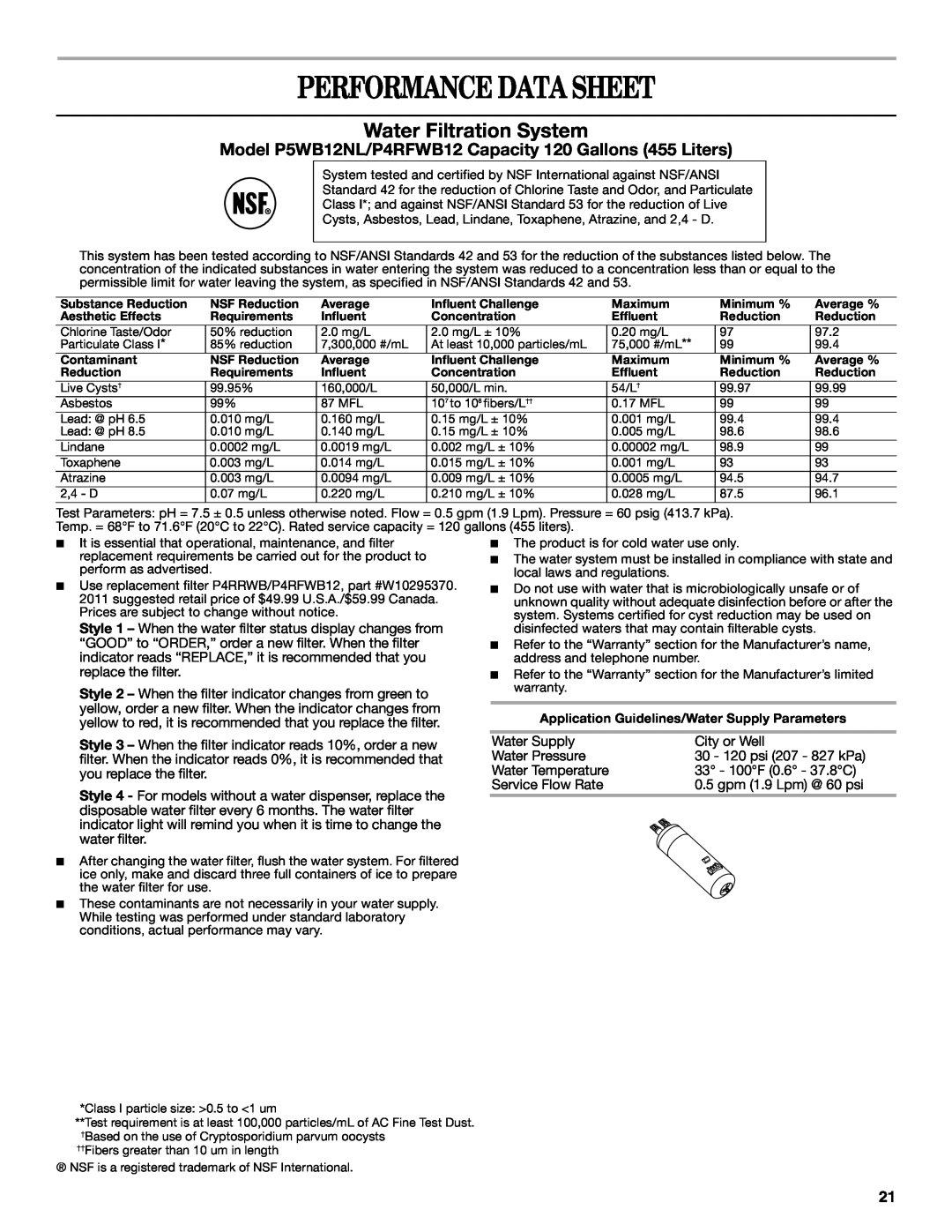 Whirlpool W10359303A installation instructions Performance Data Sheet, Water Filtration System 
