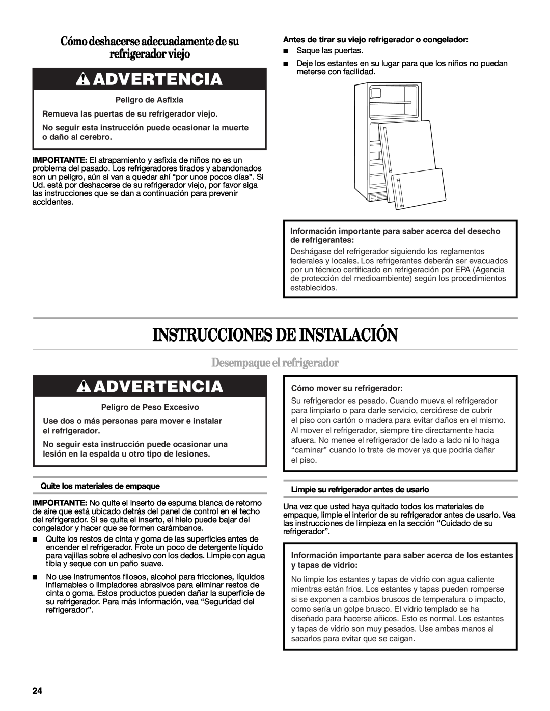 Whirlpool W10359303A Instrucciones De Instalación, Advertencia, Cómo deshacerse adecuadamente de su refrigerador viejo 