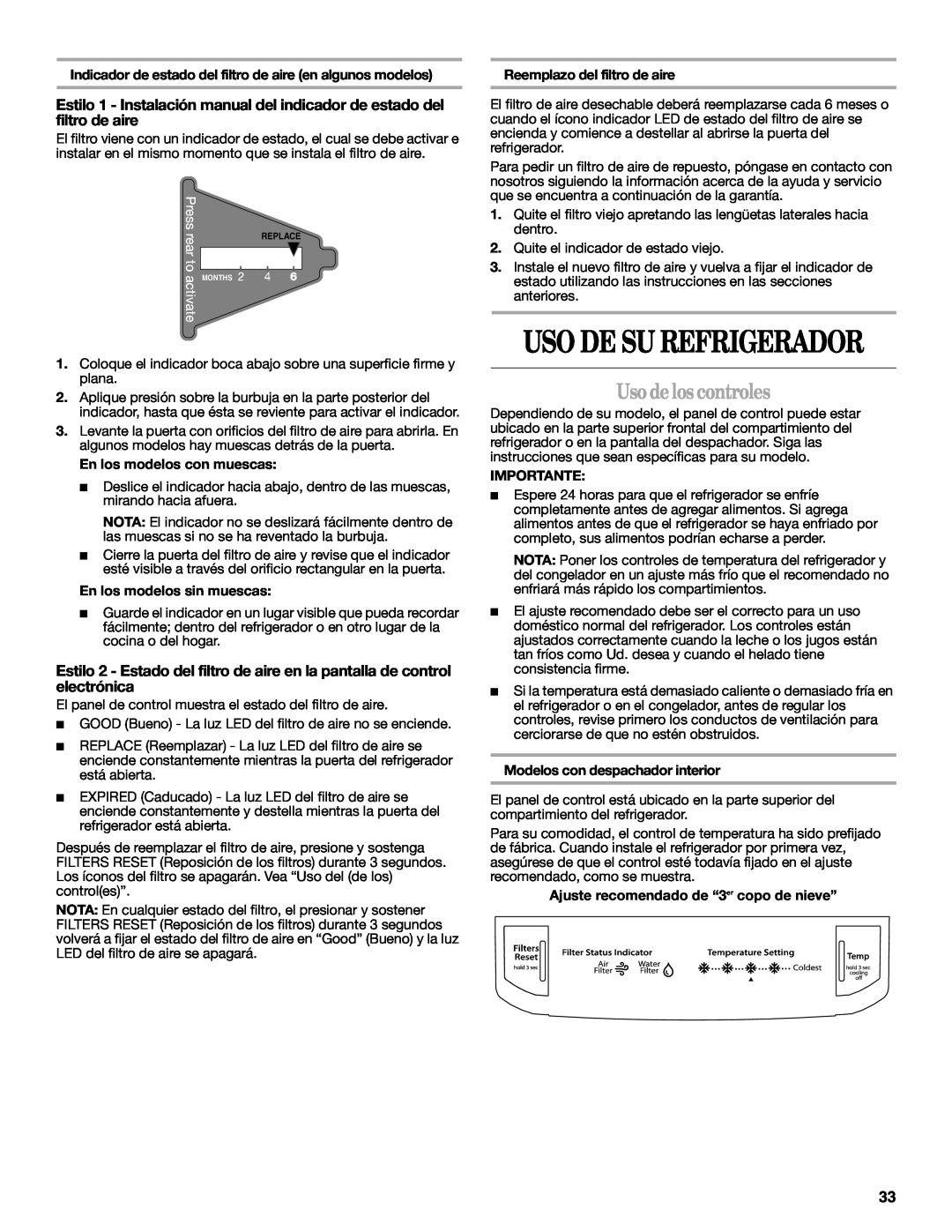 Whirlpool W10359303A installation instructions Uso De Su Refrigerador, Uso de los controles 