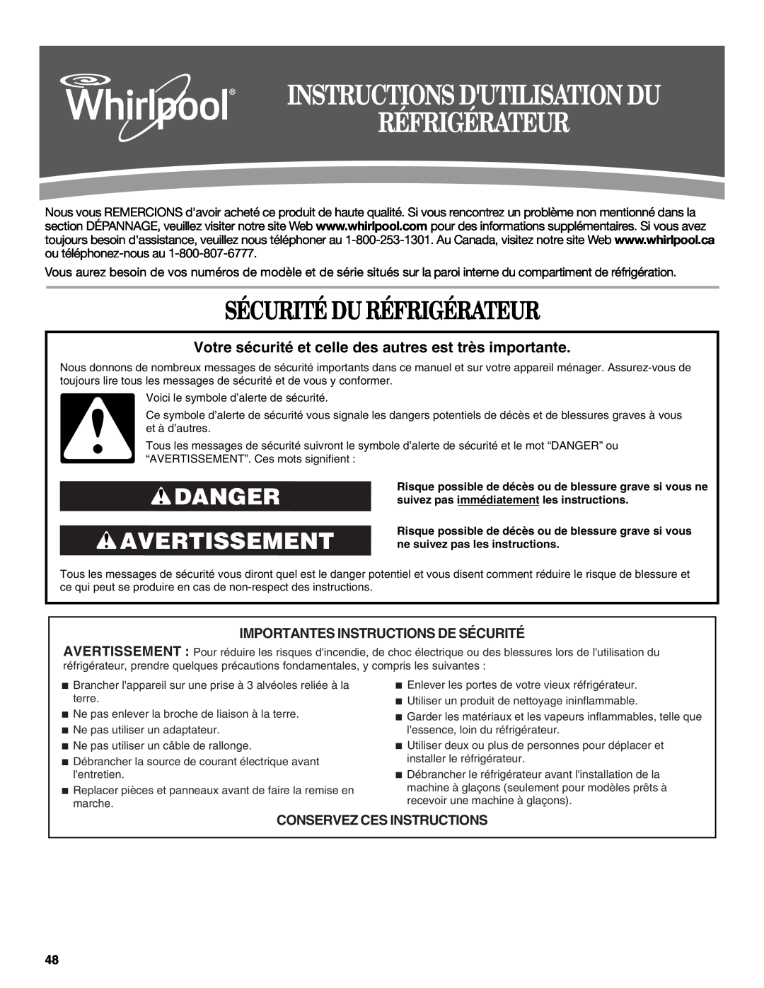 Whirlpool W10359303A Instructions Dutilisation Du Réfrigérateur, Sécurité Du Réfrigérateur, Danger Avertissement 