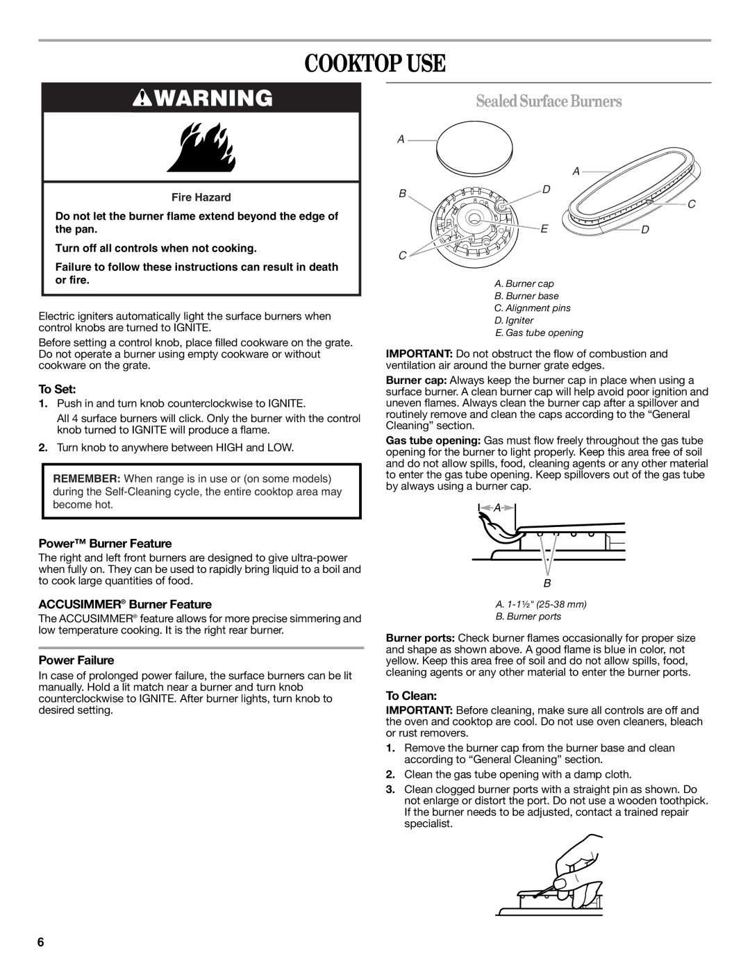 Whirlpool W10364877A, gas range warranty Cooktop USE, SealedSurfaceBurners 