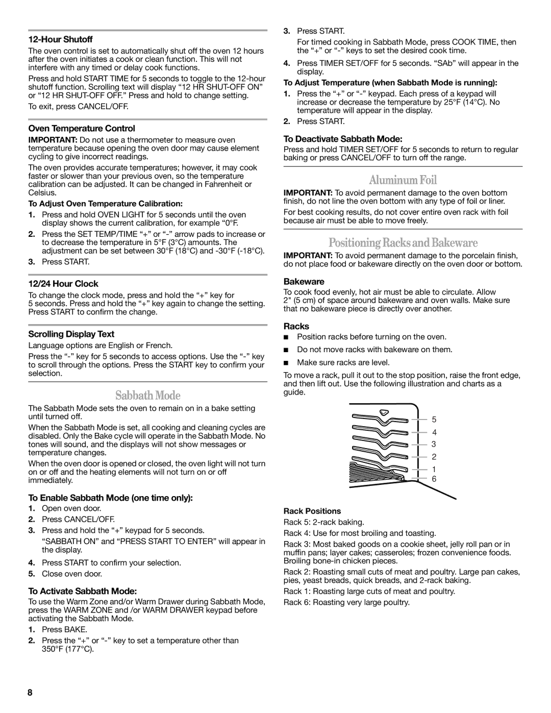 Whirlpool W10364877A, gas range warranty SabbathMode, AluminumFoil, PositioningRacksandBakeware 