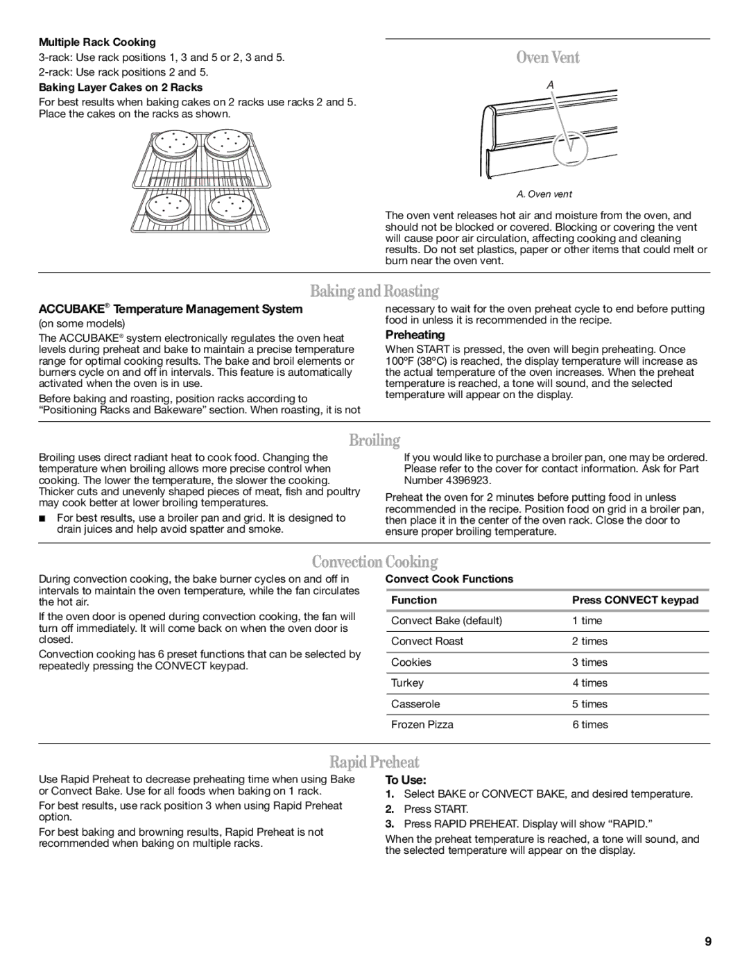 Whirlpool gas range, W10364877A warranty OvenVent, BakingandRoasting, Broiling, ConvectionCooking, RapidPreheat 