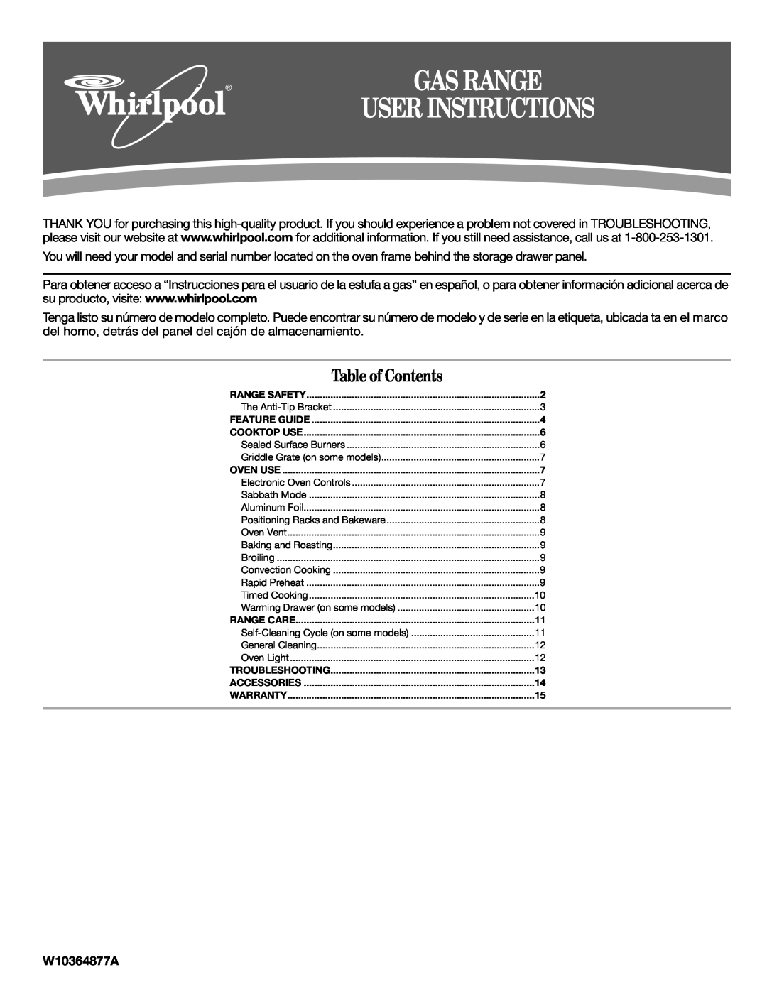 Whirlpool gas range warranty User Instructions, Gas Range, Table of Contents, W10364877A 