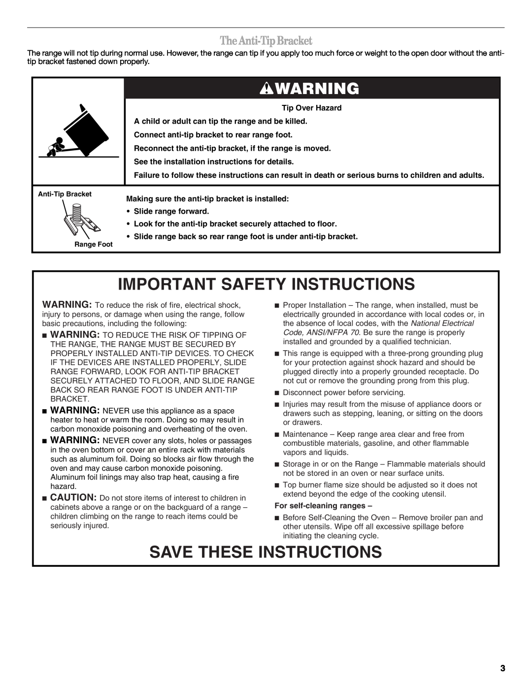Whirlpool gas range TheAnti-TipBracket, Important Safety Instructions, Save These Instructions, For self-cleaning ranges 