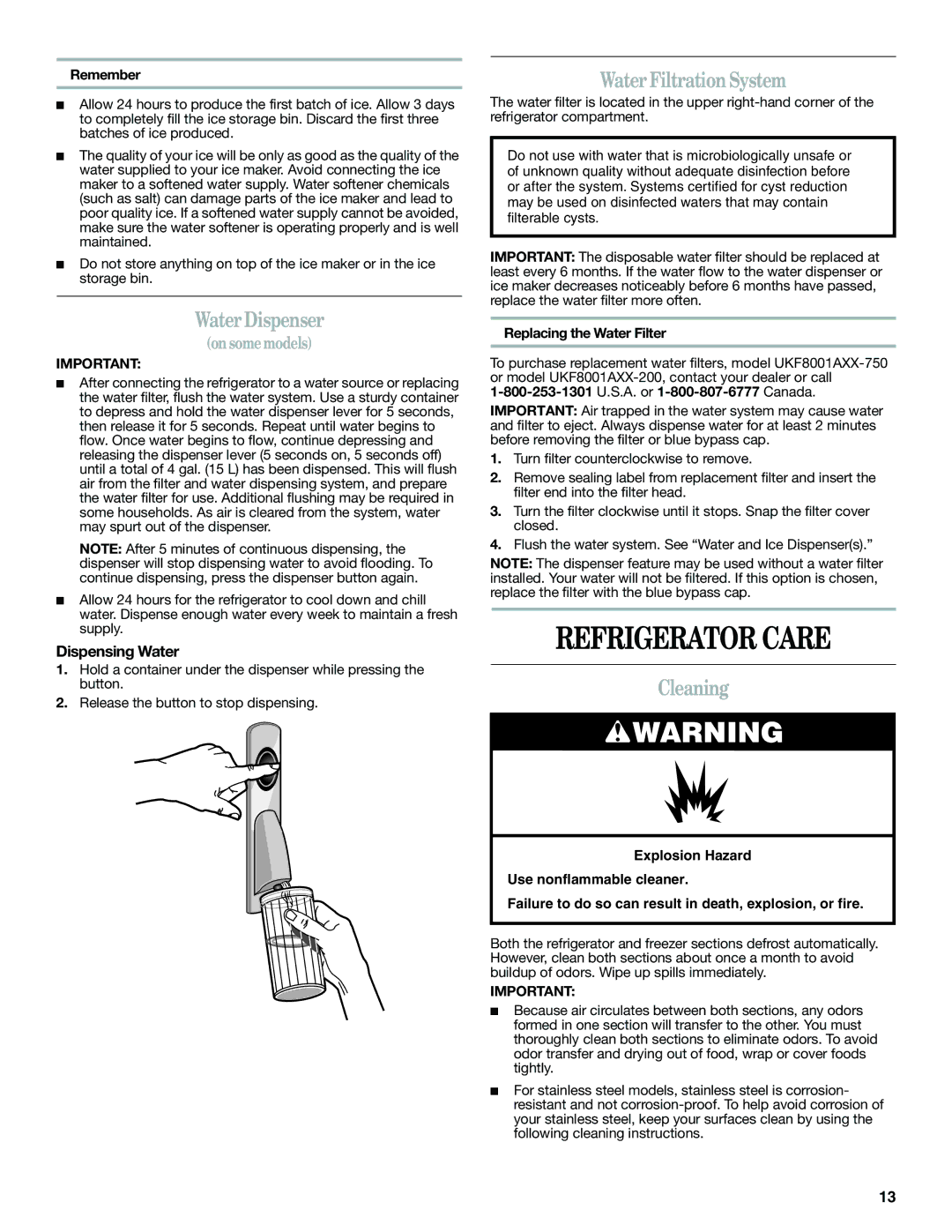 Whirlpool W10366204A Refrigerator Care, Water Dispenser, Water Filtration System, Cleaning, Dispensing Water 