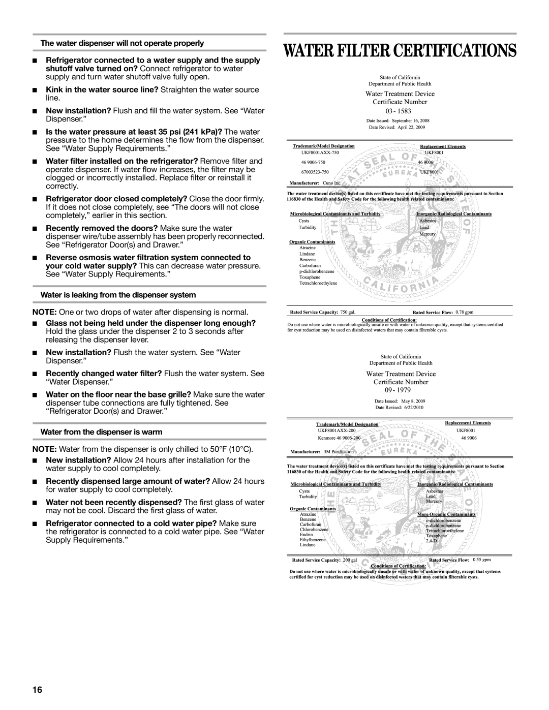 Whirlpool W10366204A Water dispenser will not operate properly, Is the water pressure at least 35 psi 241 kPa? The water 