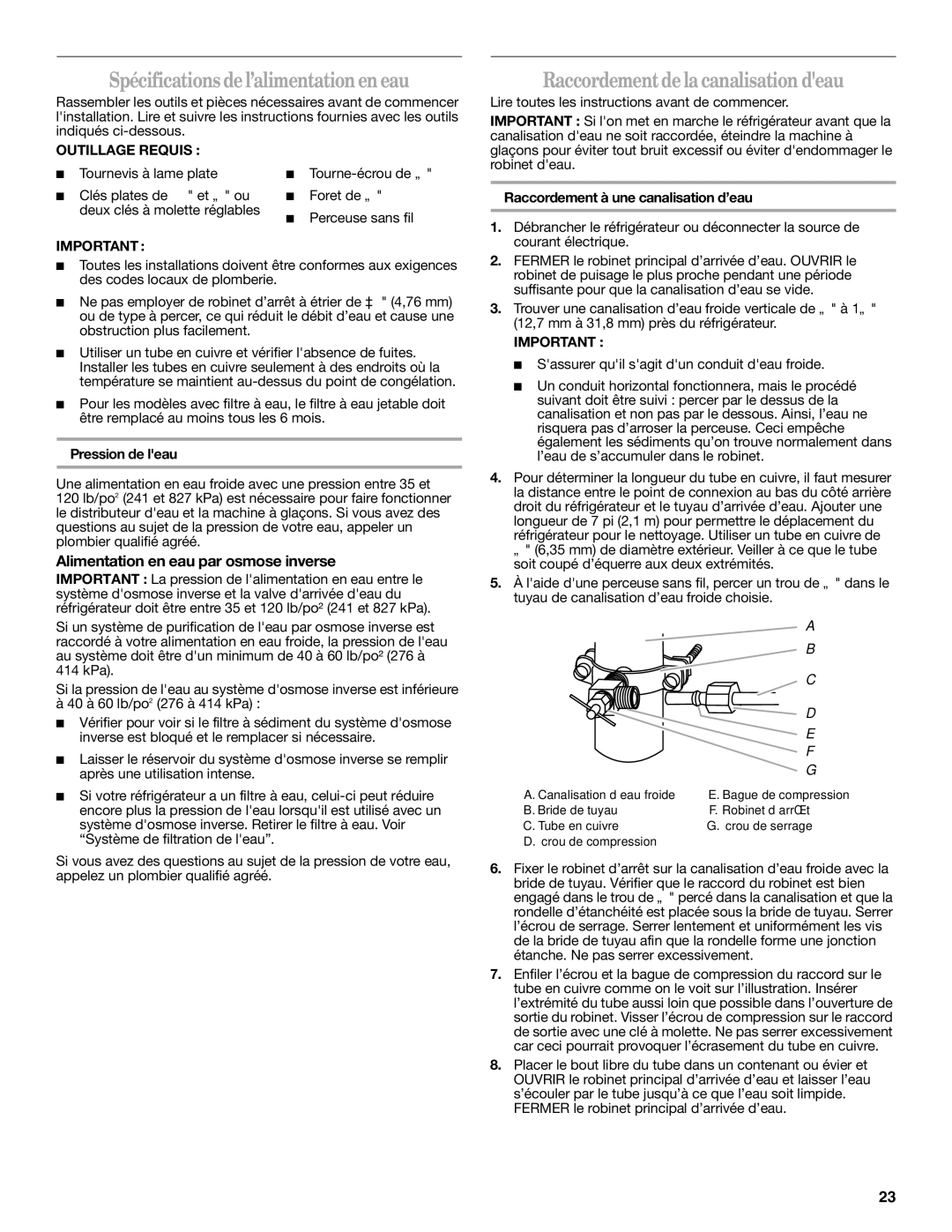 Whirlpool W10366204A Spécifications de l’alimentationen eau, Raccordement de la canalisation deau, Outillage Requis 