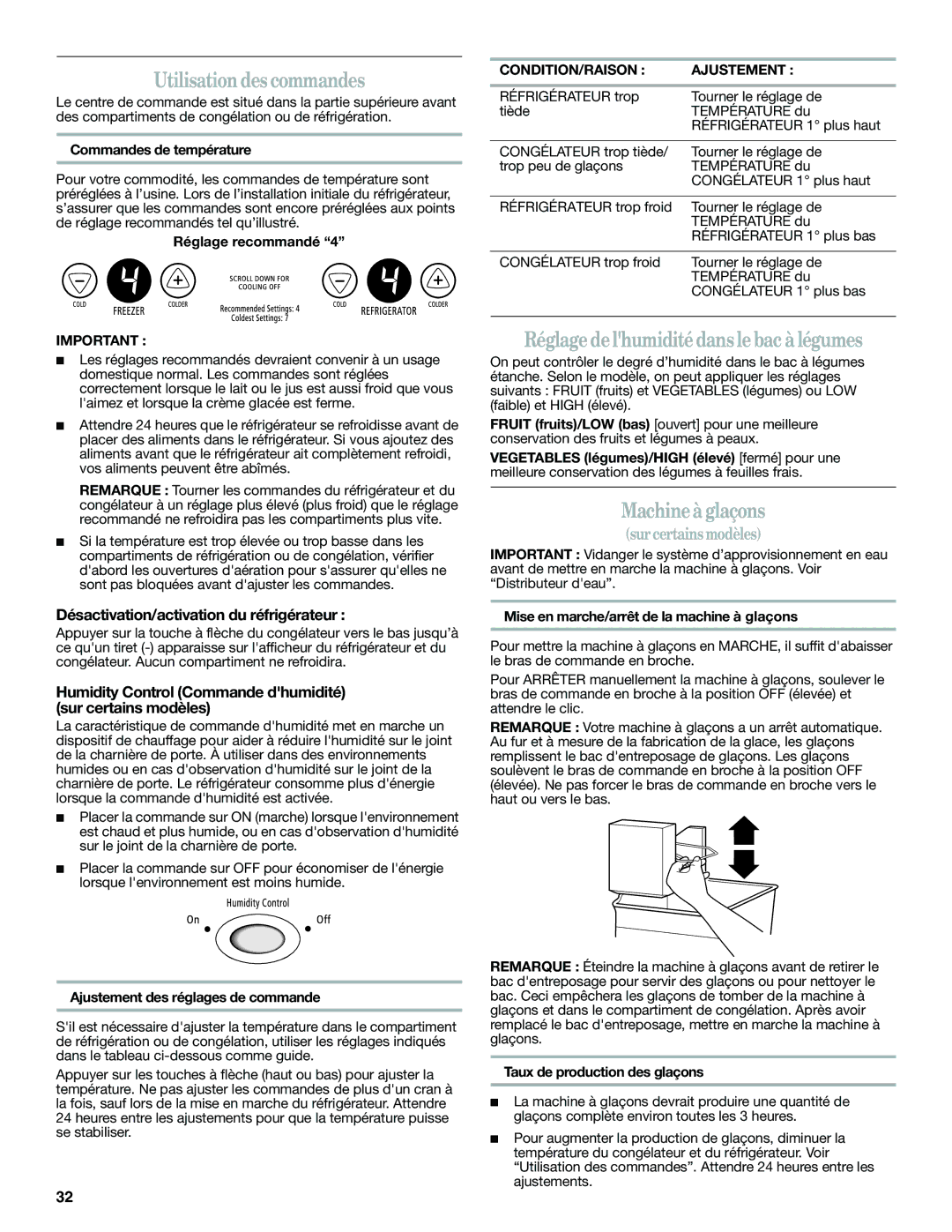 Whirlpool W10366204A Utilisation des commandes, Réglage delhumidité dans le bac à légumes, Machine à glaçons 