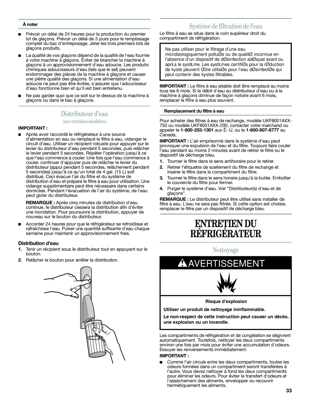 Whirlpool W10366204A Entretien DU Réfrigérateur, Distributeur d’eau, Système defiltrationde leau, Nettoyage 