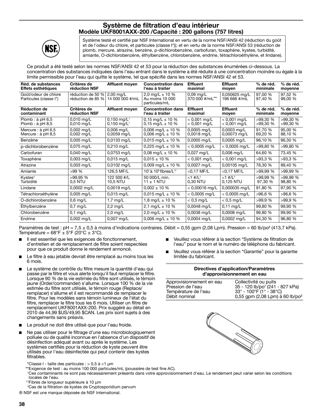 Whirlpool W10366204A installation instructions Modèle UKF8001AXX-200 /Capacité 200 gallons 757 litres 