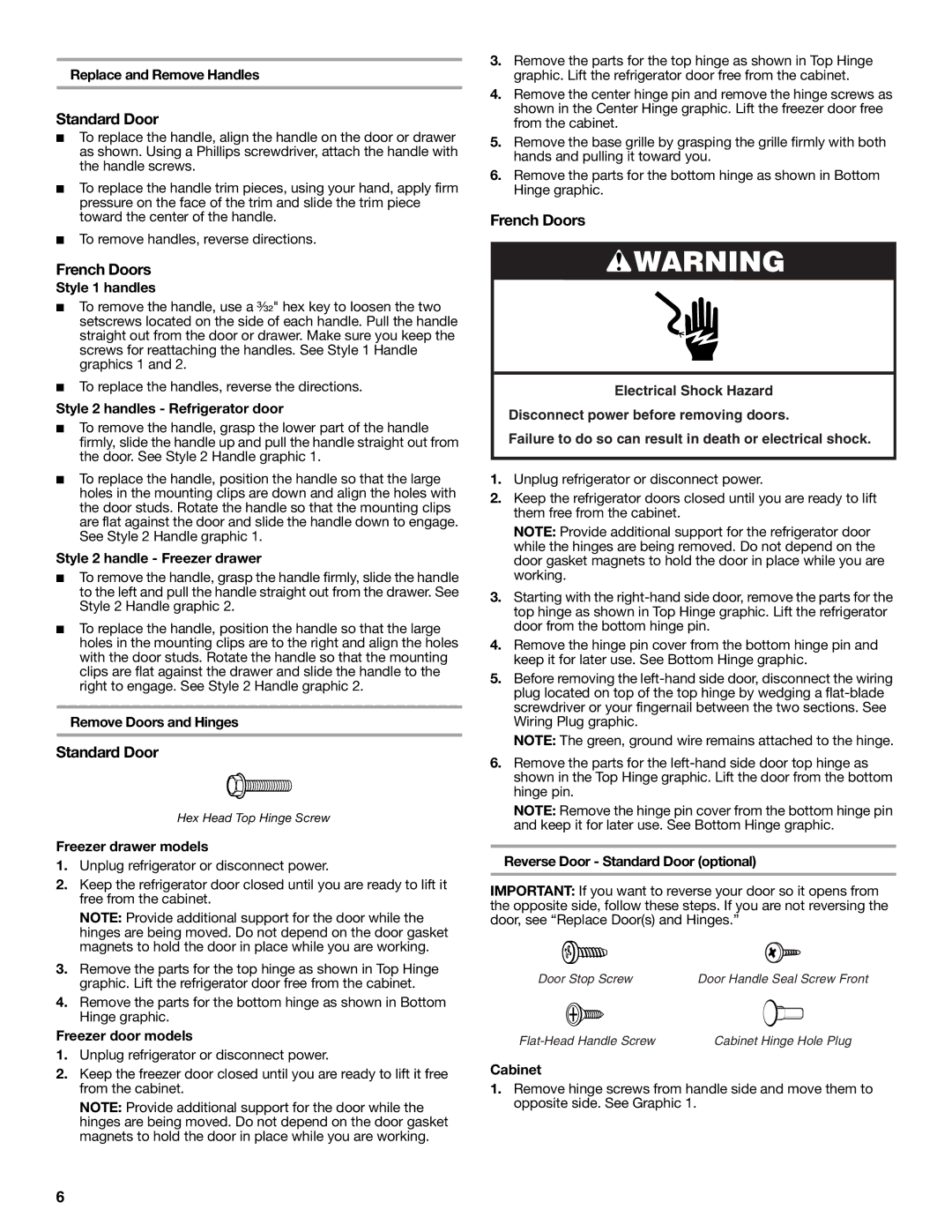 Whirlpool W10366204A installation instructions Standard Door, French Doors 