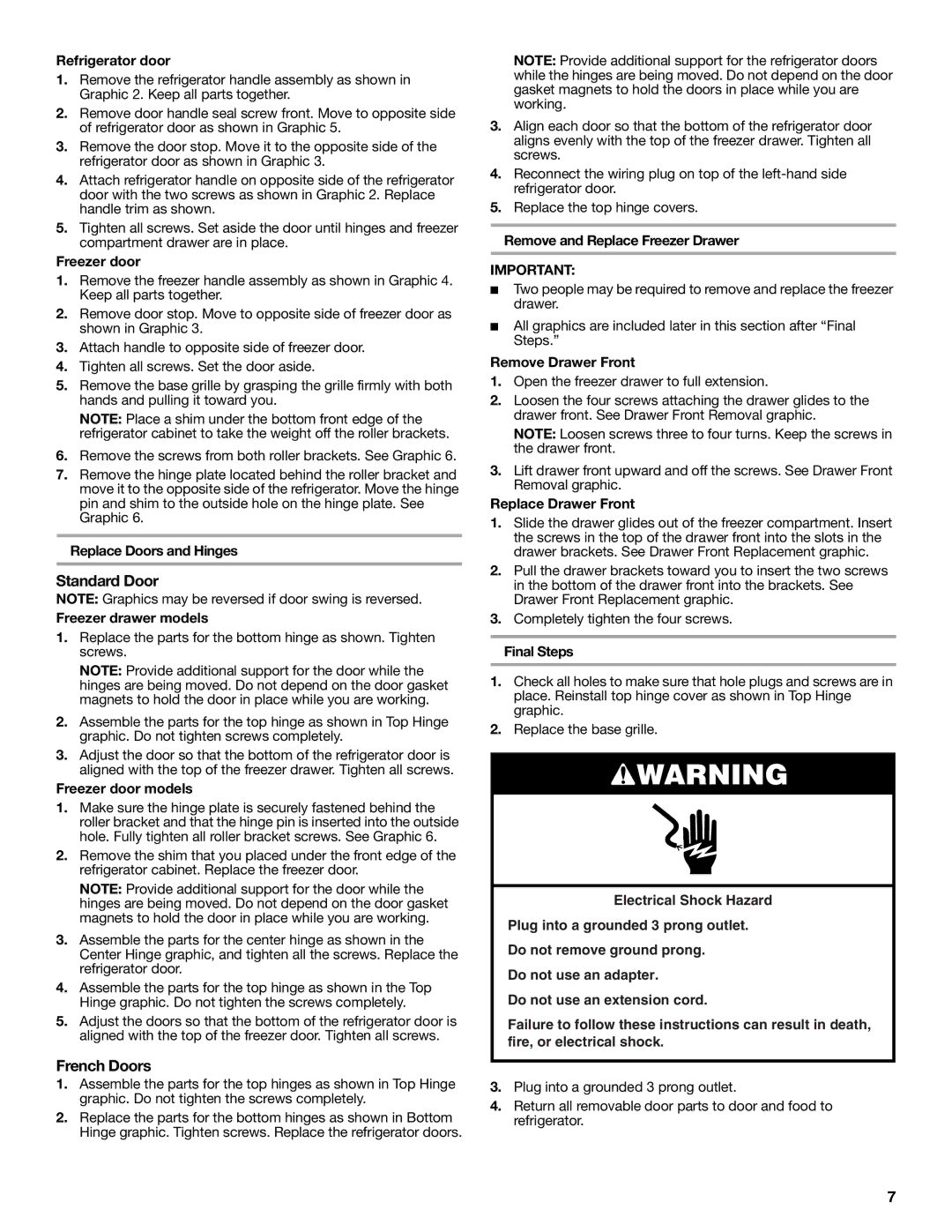 Whirlpool W10366204A Refrigerator door, Freezer door, Replace Doors and Hinges, Remove and Replace Freezer Drawer 