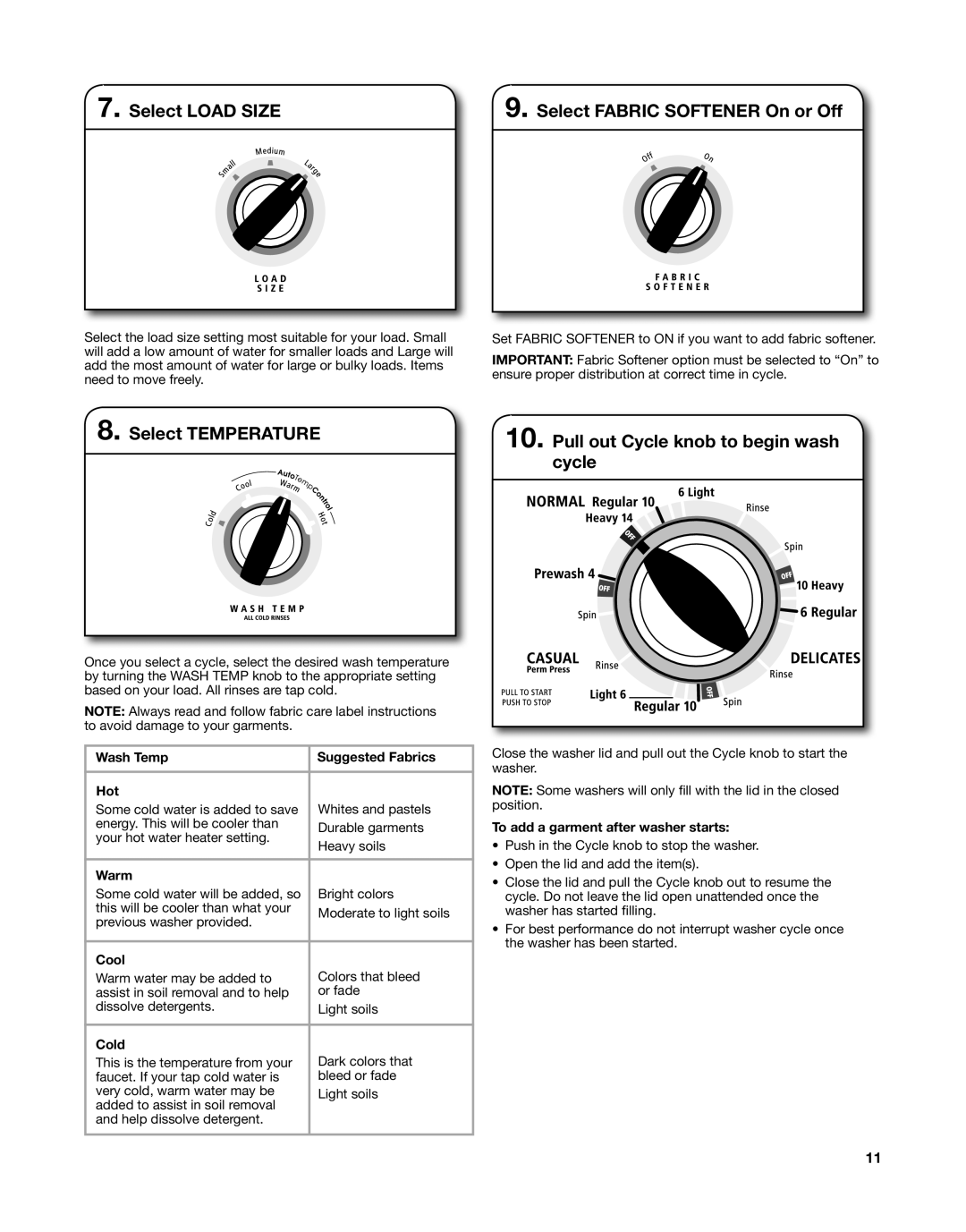 Whirlpool WET3300XQ, W10376238C - SP, W10343071C, WGT3300XQ warranty Select Load Size Select Fabric Softener On or Off 