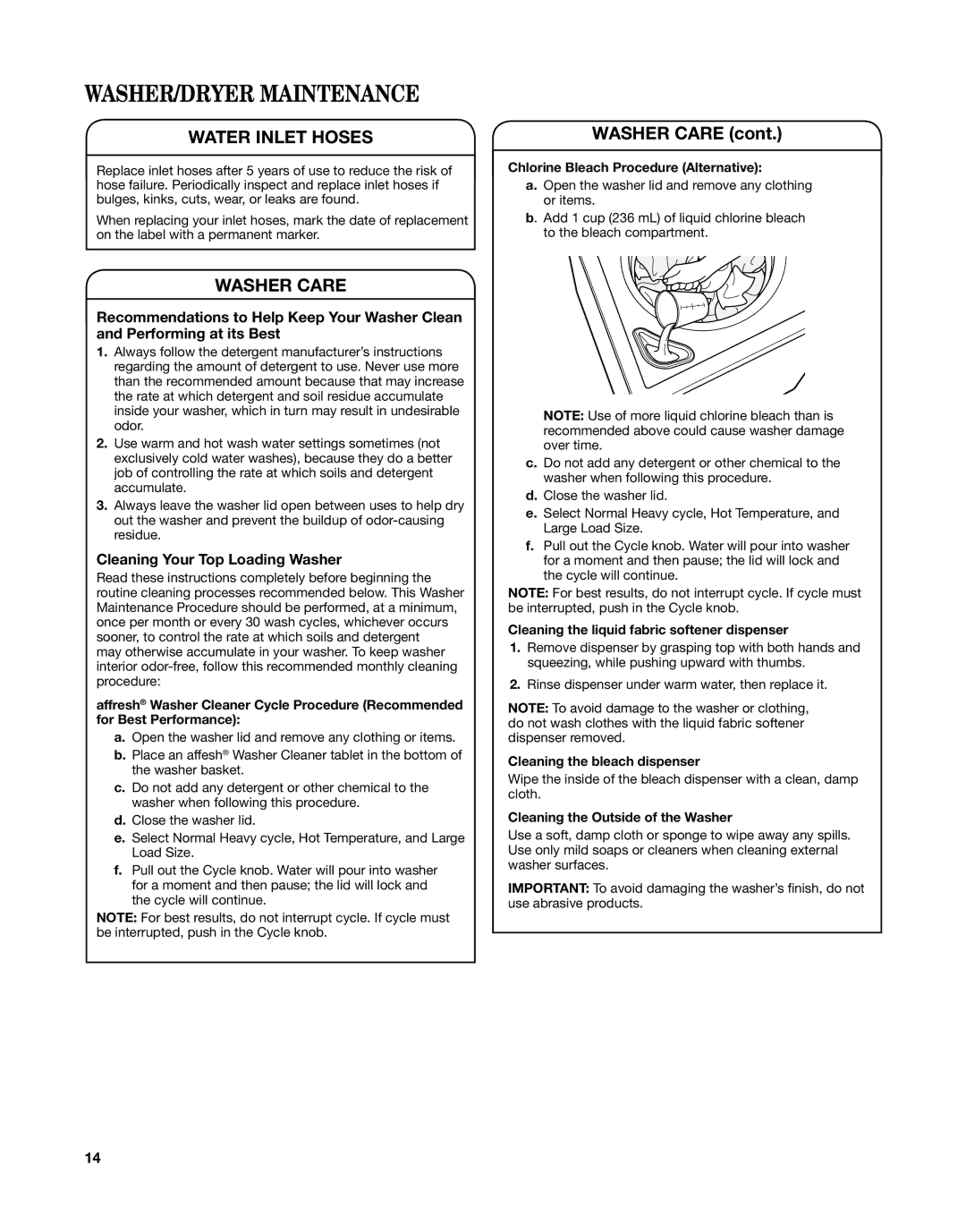 Whirlpool WGT3300XQ, W10343071C WASHER/DRYER Maintenance, Water Inlet Hoses, Washer Care, Cleaning Your Top Loading Washer 