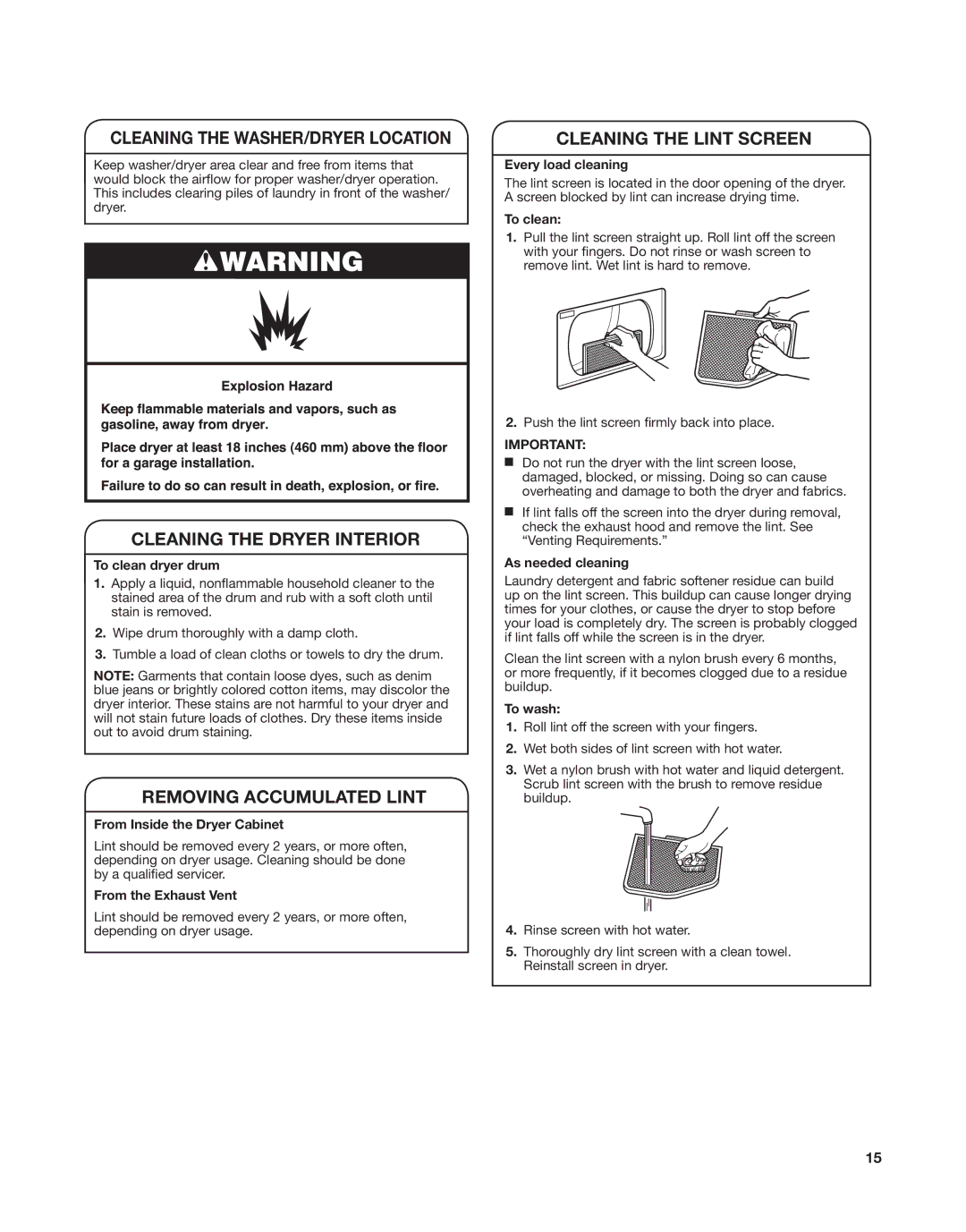 Whirlpool WET3300XQ, W10343071C Cleaning the WASHER/DRYER Location, Cleaning the Dryer Interior, Removing Accumulated Lint 