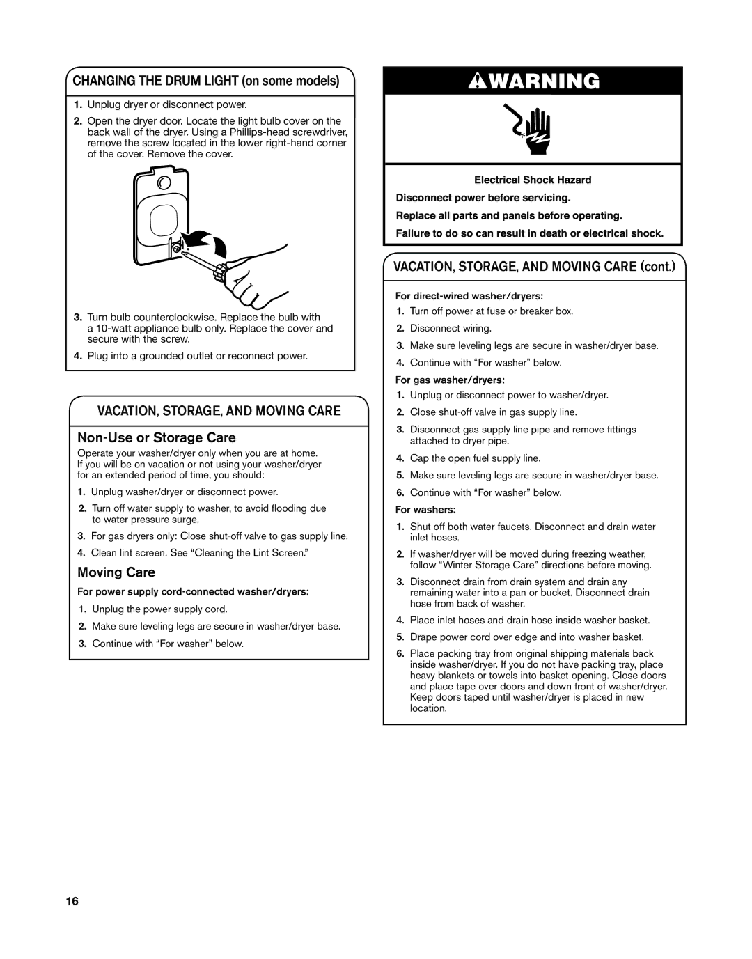 Whirlpool W10376238C - SP, W10343071C, WGT3300XQ Changing the Drum Light on some models, VACATION, STORAGE, and Moving Care 