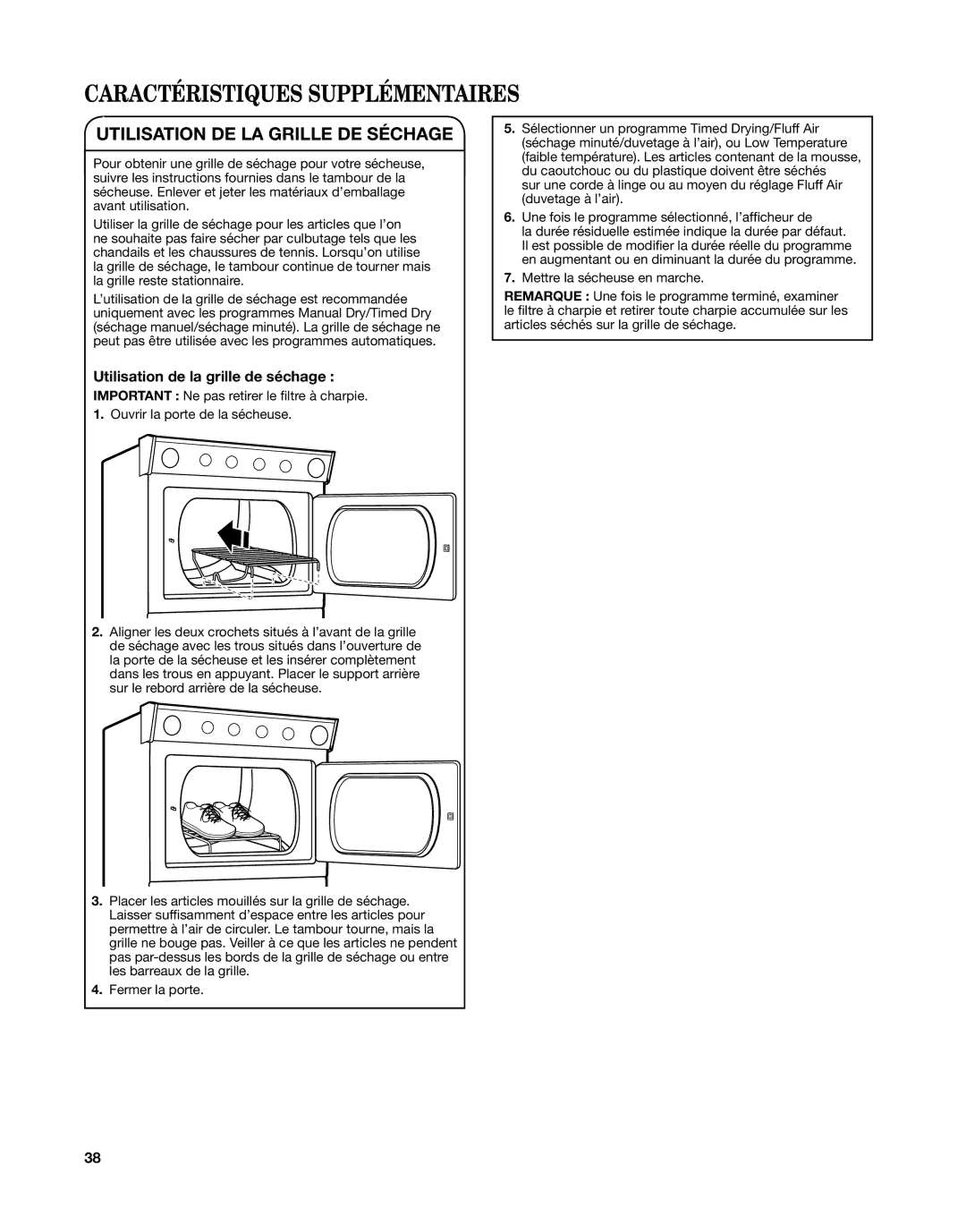 Whirlpool WGT3300XQ, W10376238C - SP, W10343071C Caractéristiques Supplémentaires, Utilisation DE LA Grille DE Séchage 