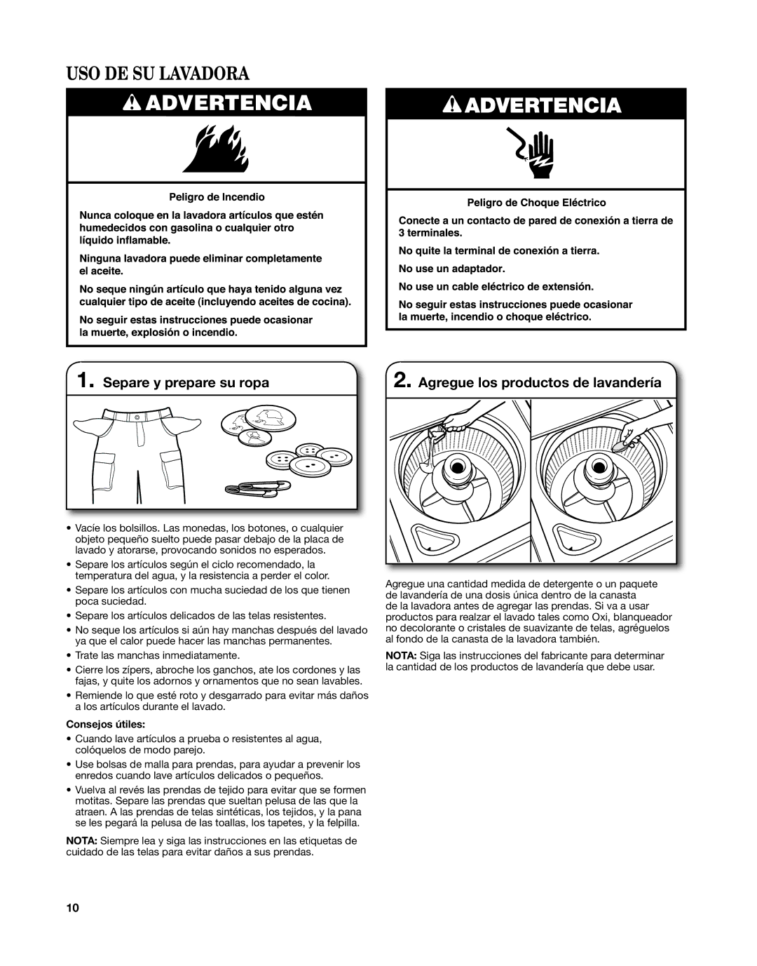 Whirlpool W10376238C manual USO DE SU Lavadora, Consejos útiles 