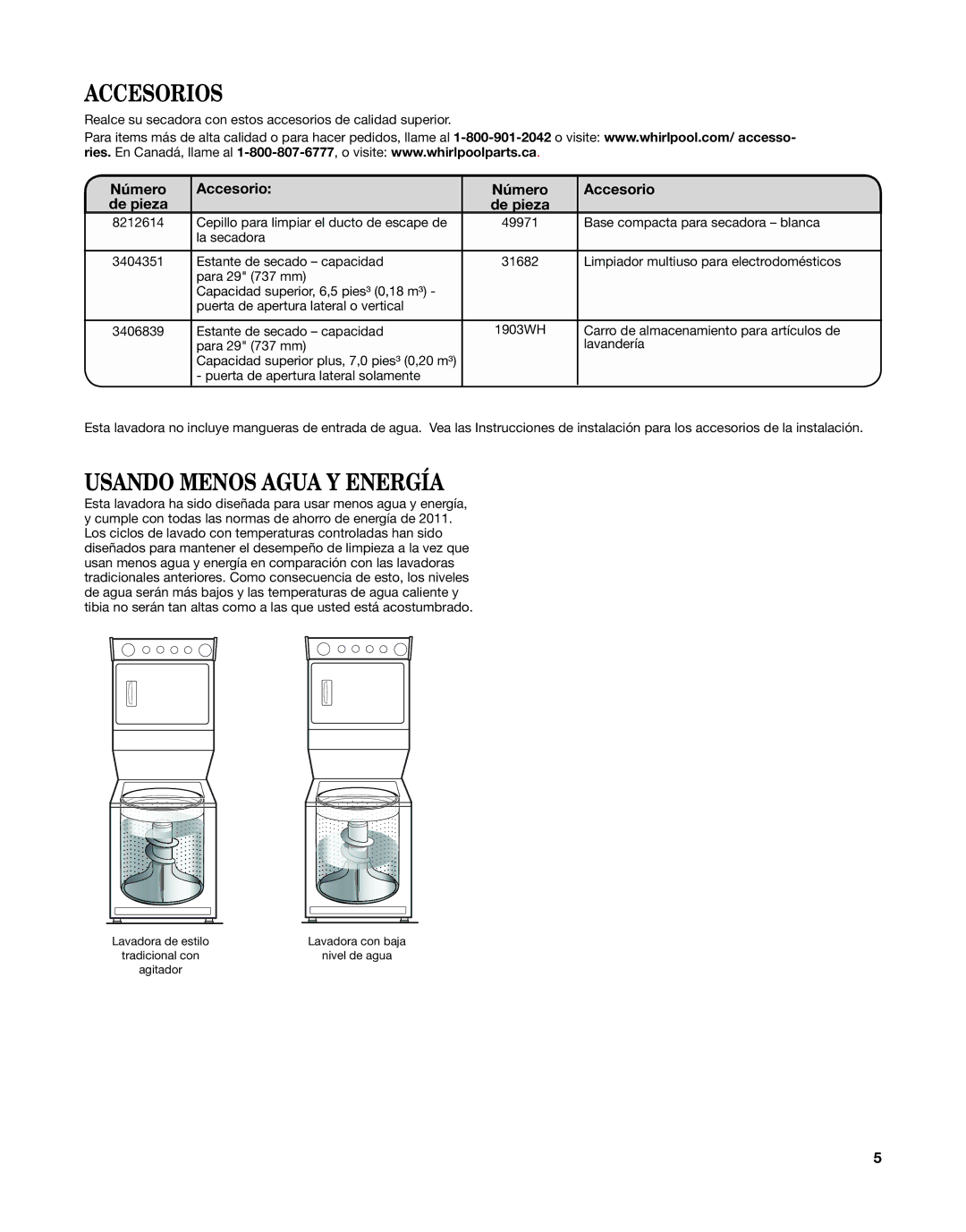 Whirlpool W10376238C manual Accesorios, Usando Menos Agua Y Energía, Número Accesorio, De pieza 