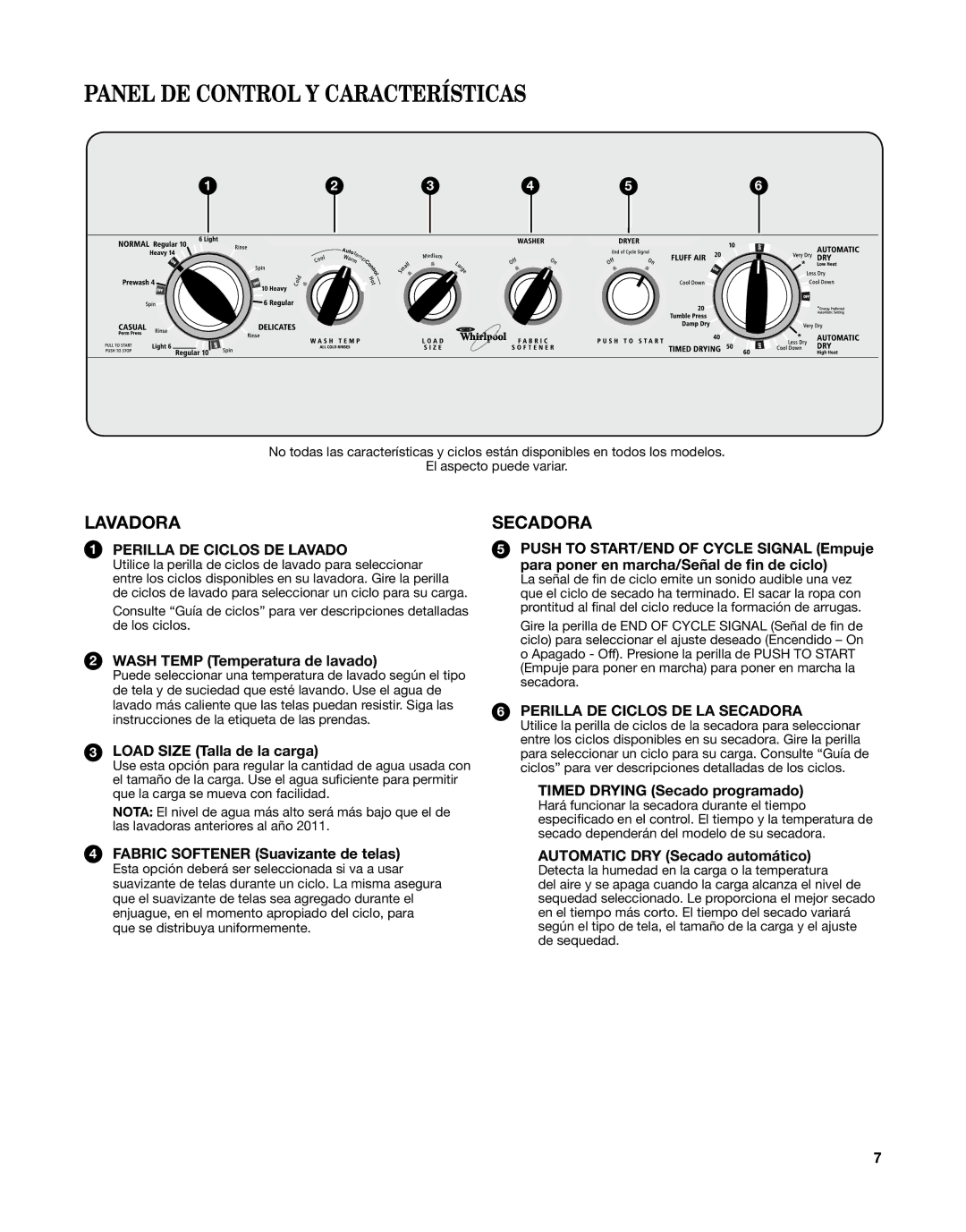 Whirlpool W10376238C manual Panel DE Control Y Características, Lavadora, Secadora 