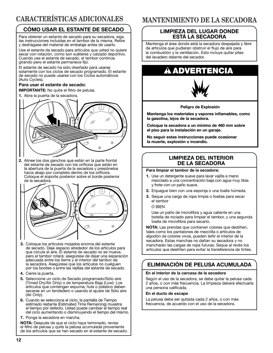 Whirlpool W10385093A manual Características Adicionales, Mantenimiento DE LA Secadora 