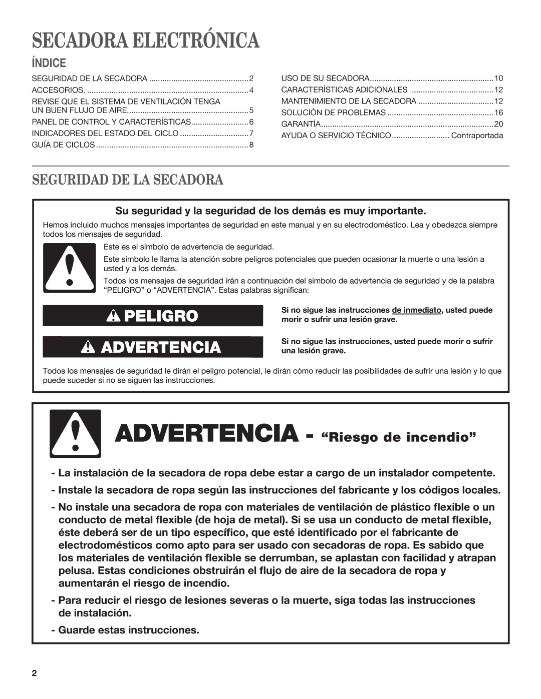 Whirlpool W10385093A manual Secadora Electrónica, Seguridad DE LA Secadora 