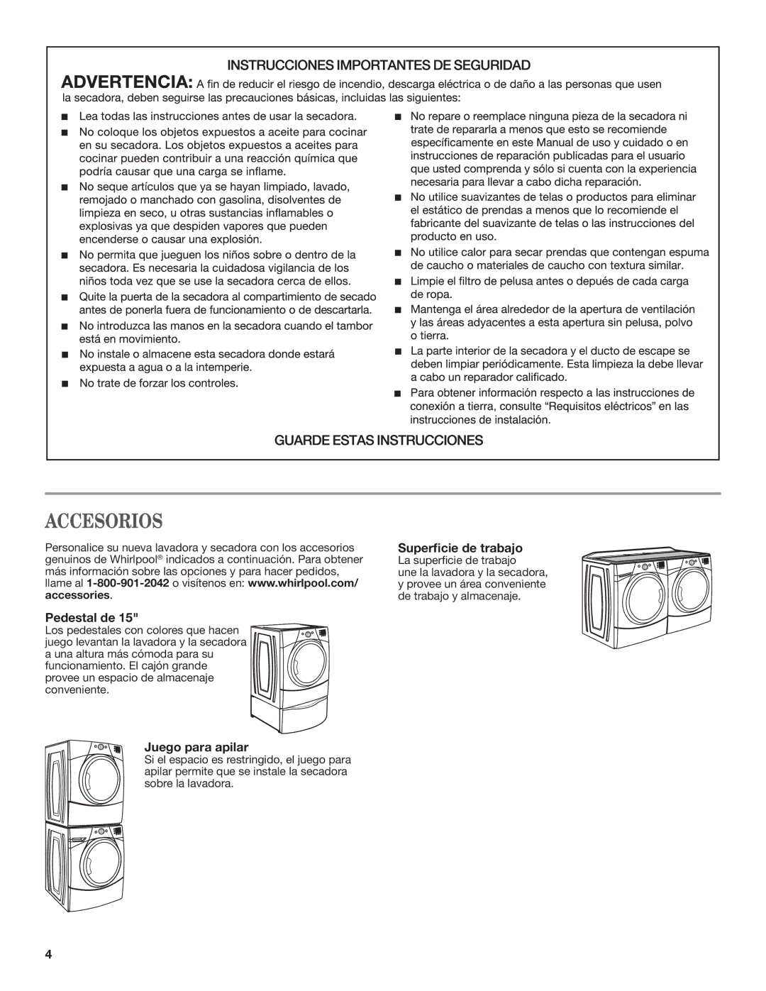 Whirlpool W10385093A manual Pedestal de, Juego para apilar, Superficie de trabajo 