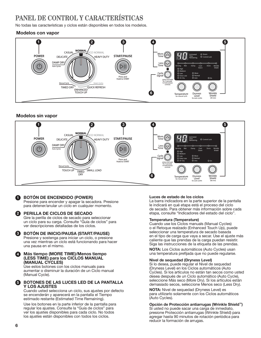 Whirlpool W10385093A manual Panel DE Control Y Características, Más tiempo More TIME/Menos tiempo 