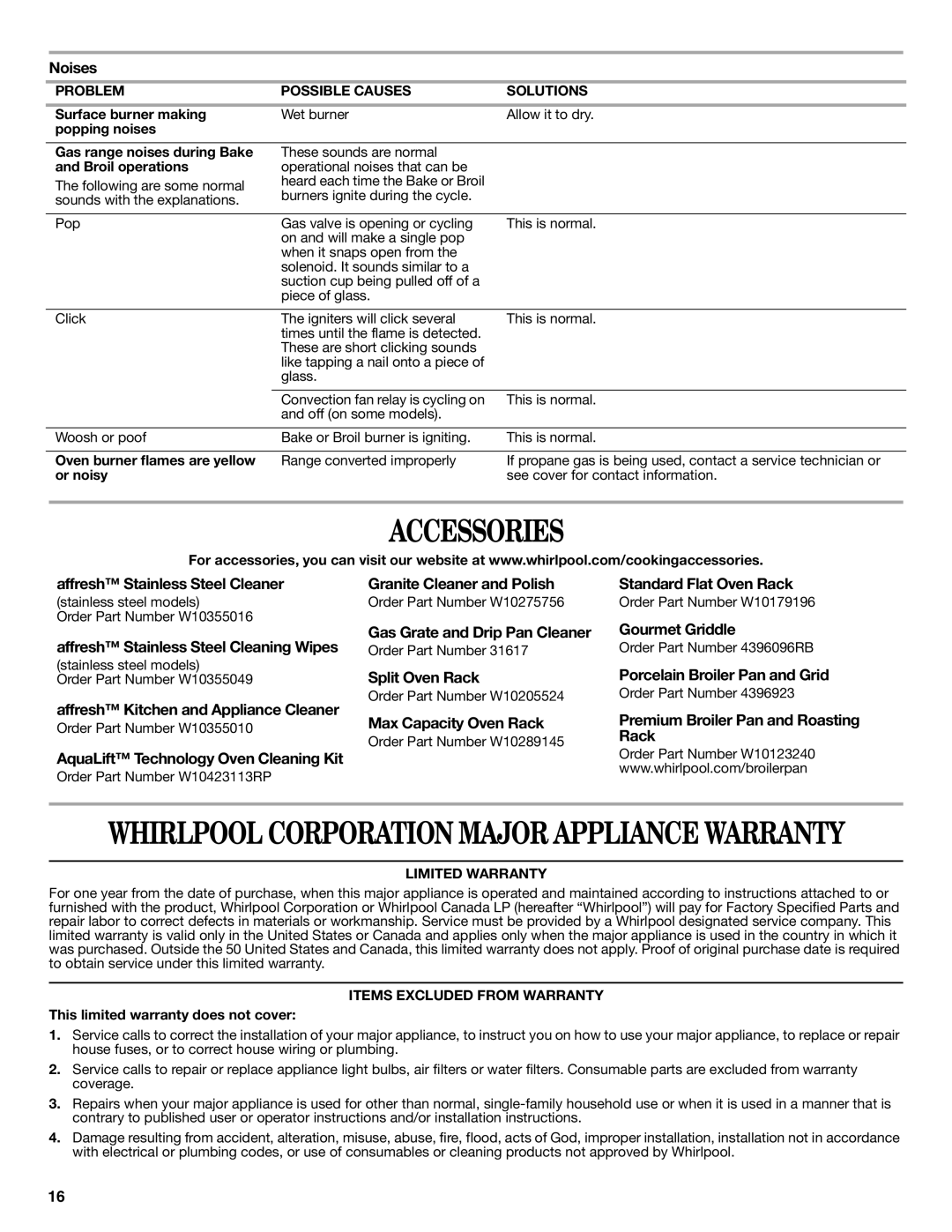 Whirlpool WFG540H0AS, W10392927A, WFG520S0AW, WFG540H0AW, WFG540H0AB, WFG540H0AH manual Accessories 