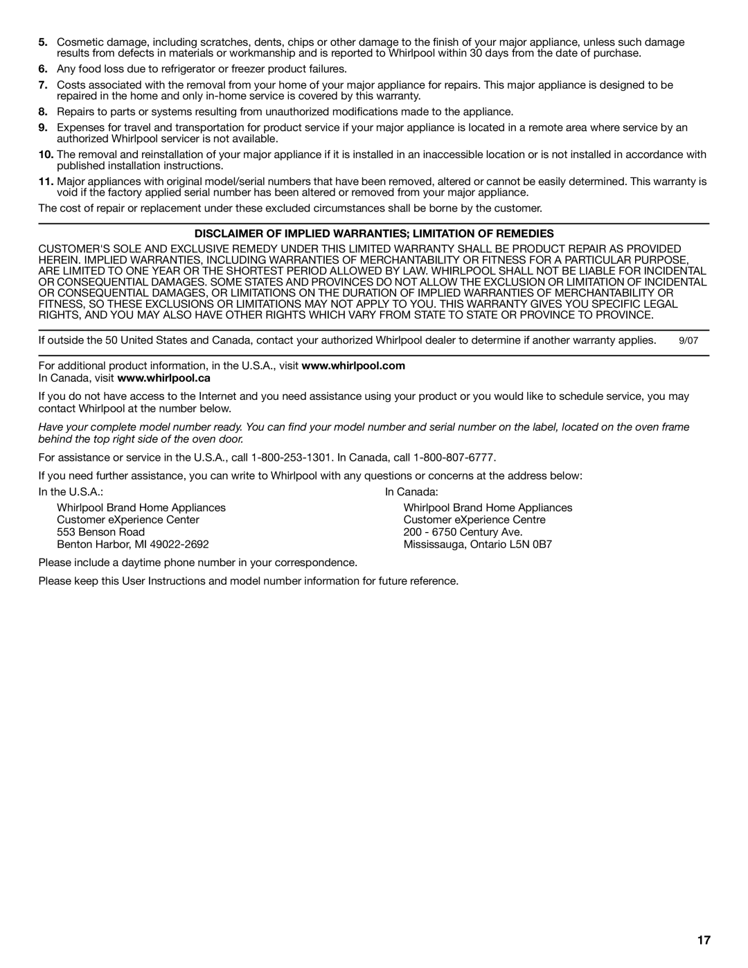 Whirlpool WFG540H0AH, W10392927A, WFG520S0AW, WFG540H0AW, WFG540H0AB Disclaimer of Implied Warranties Limitation of Remedies 