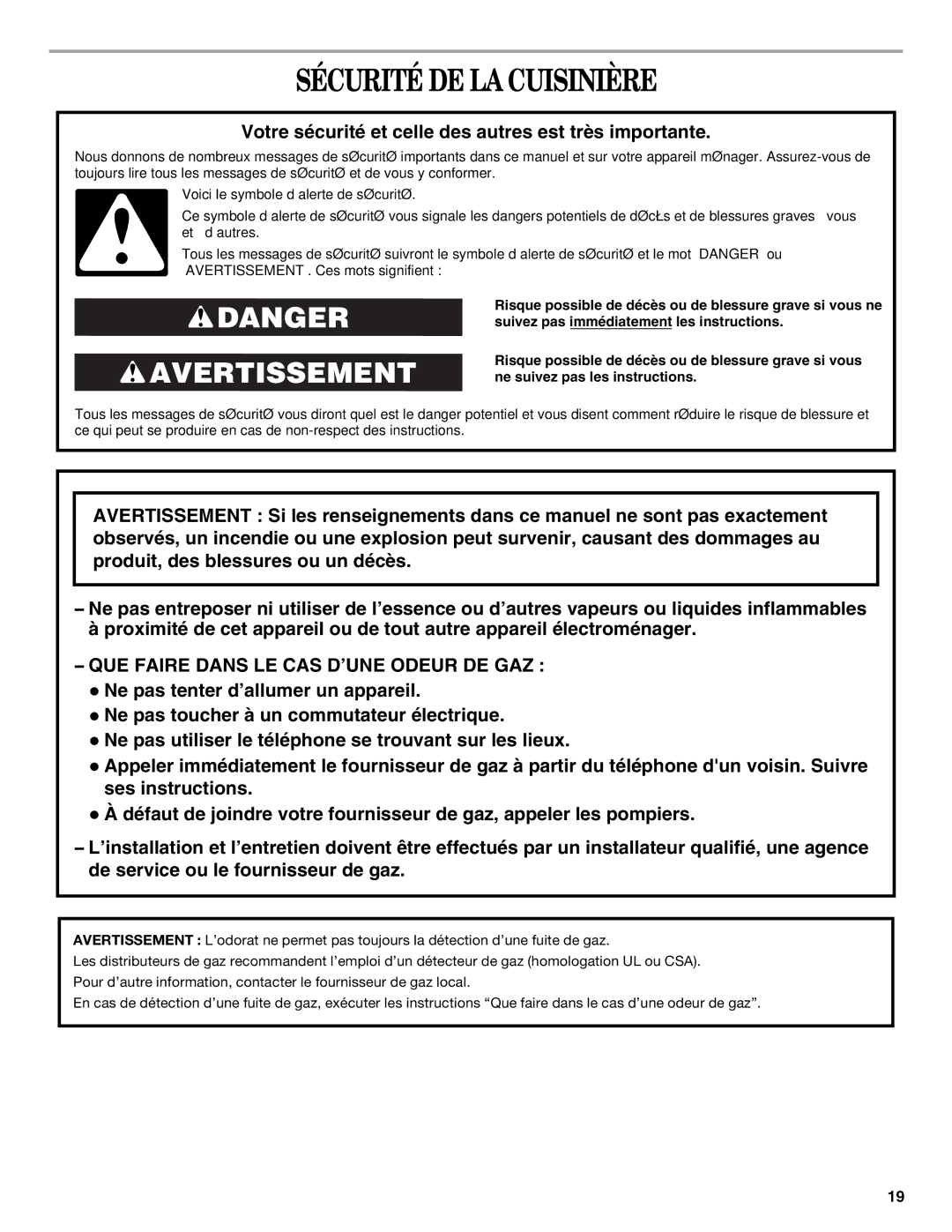 Whirlpool WFG520S0AW, W10392927A manual Sécurité DE LA Cuisinière, Votre sécurité et celle des autres est très importante 