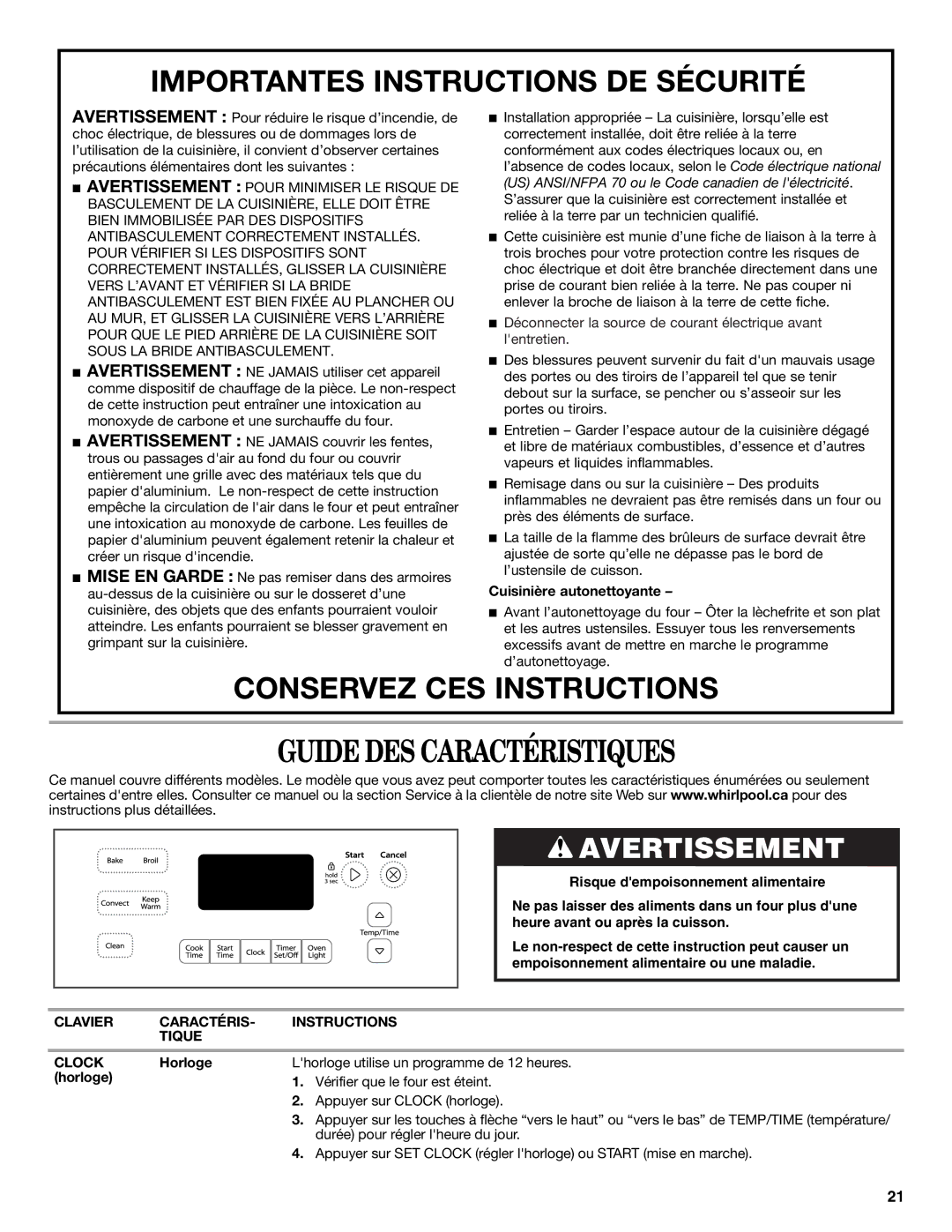 Whirlpool WFG540H0AB Guide DES Caractéristiques, Cuisinière autonettoyante, Clavier Caractéris Instructions Tique Clock 