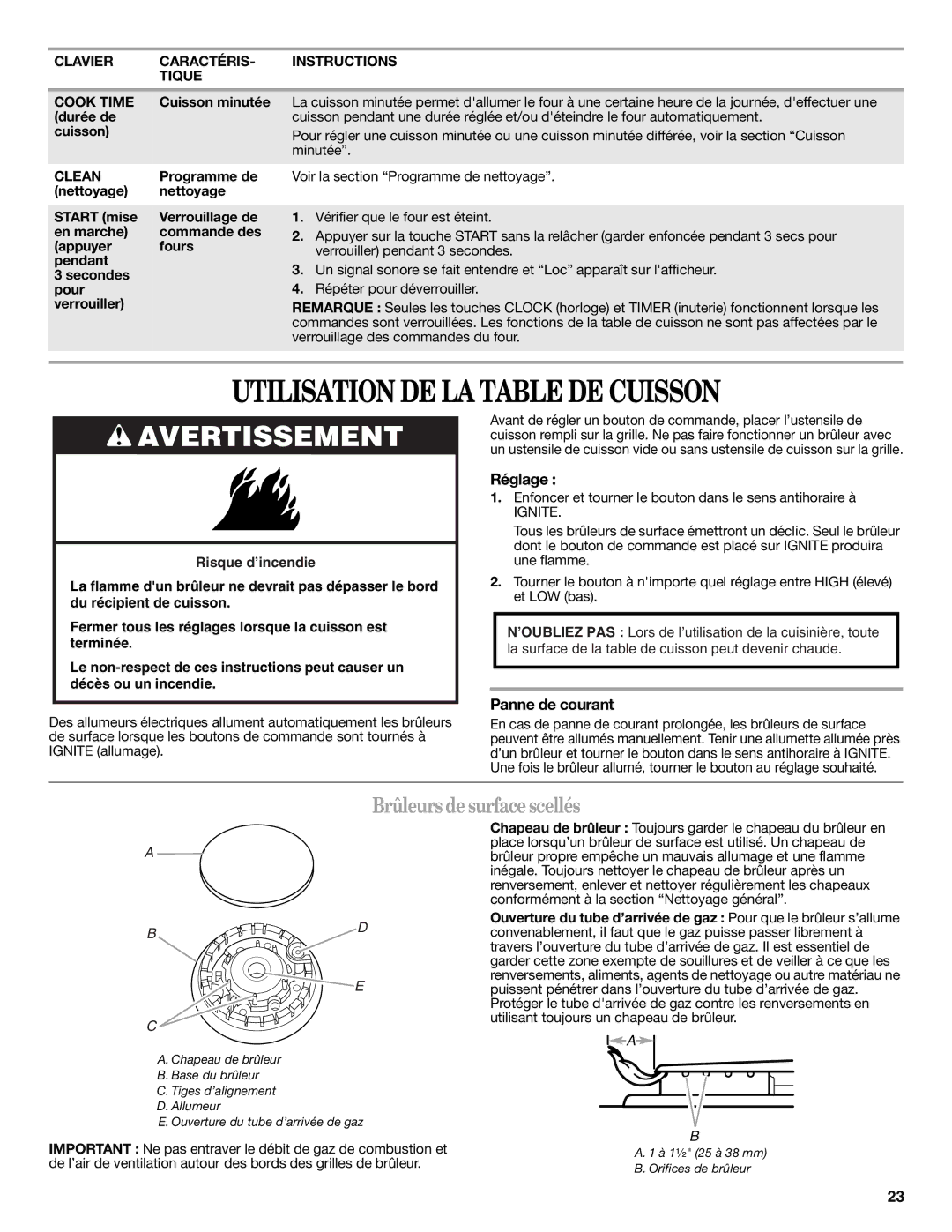 Whirlpool WFG540H0AH, W10392927A Utilisation DE LA Table DE Cuisson, Brûleurs desurfacescellés, Réglage, Panne de courant 