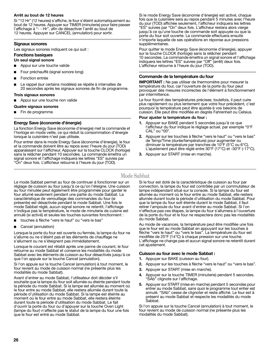 Whirlpool WFG540H0AW, W10392927A, WFG520S0AW, WFG540H0AB, WFG540H0AS, WFG540H0AH manual ModeSabbat 