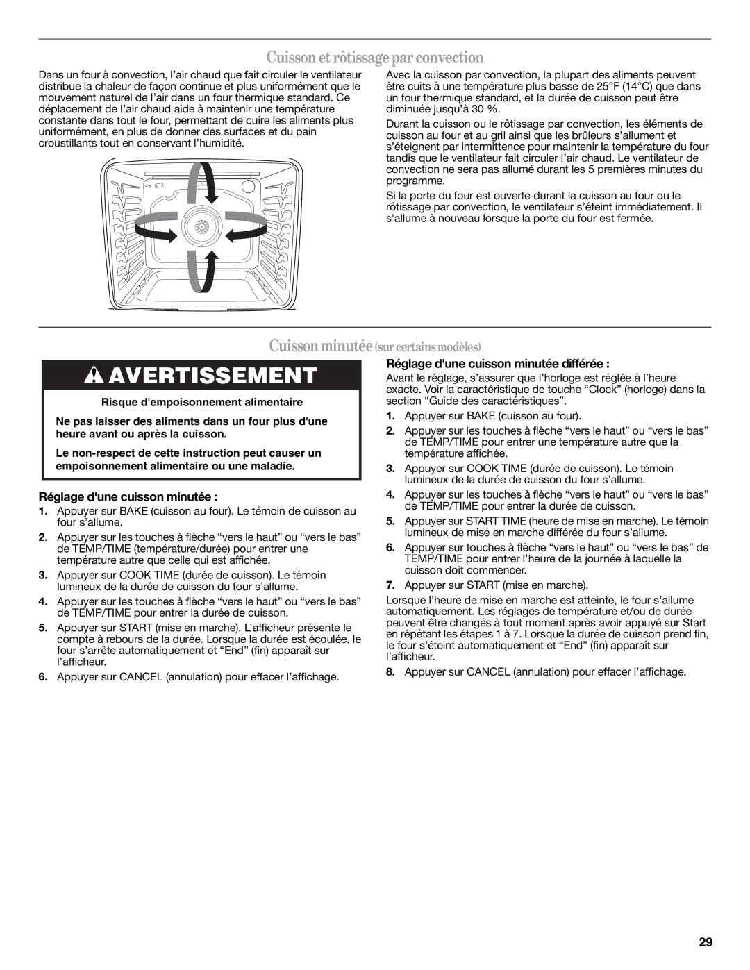 Whirlpool WFG540H0AH, W10392927A, WFG520S0AW manual Cuisson etrôtissageparconvection, Réglage dune cuisson minutée différée 