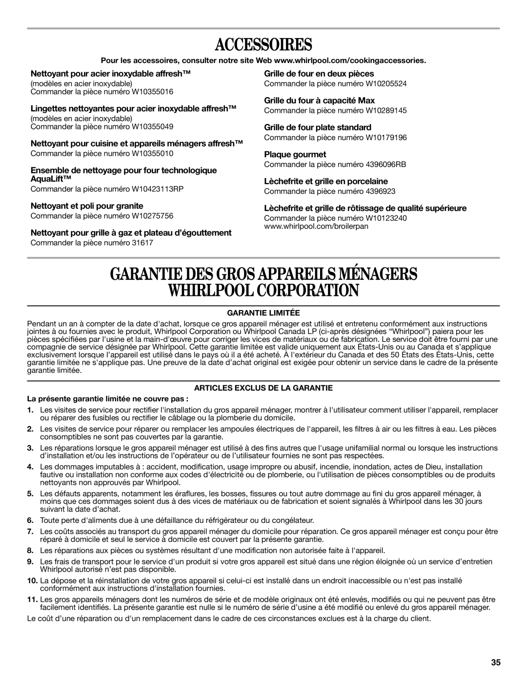 Whirlpool WFG540H0AH, W10392927A, WFG520S0AW manual Accessoires, Garantie DES Gros Appareils Ménagers Whirlpool Corporation 