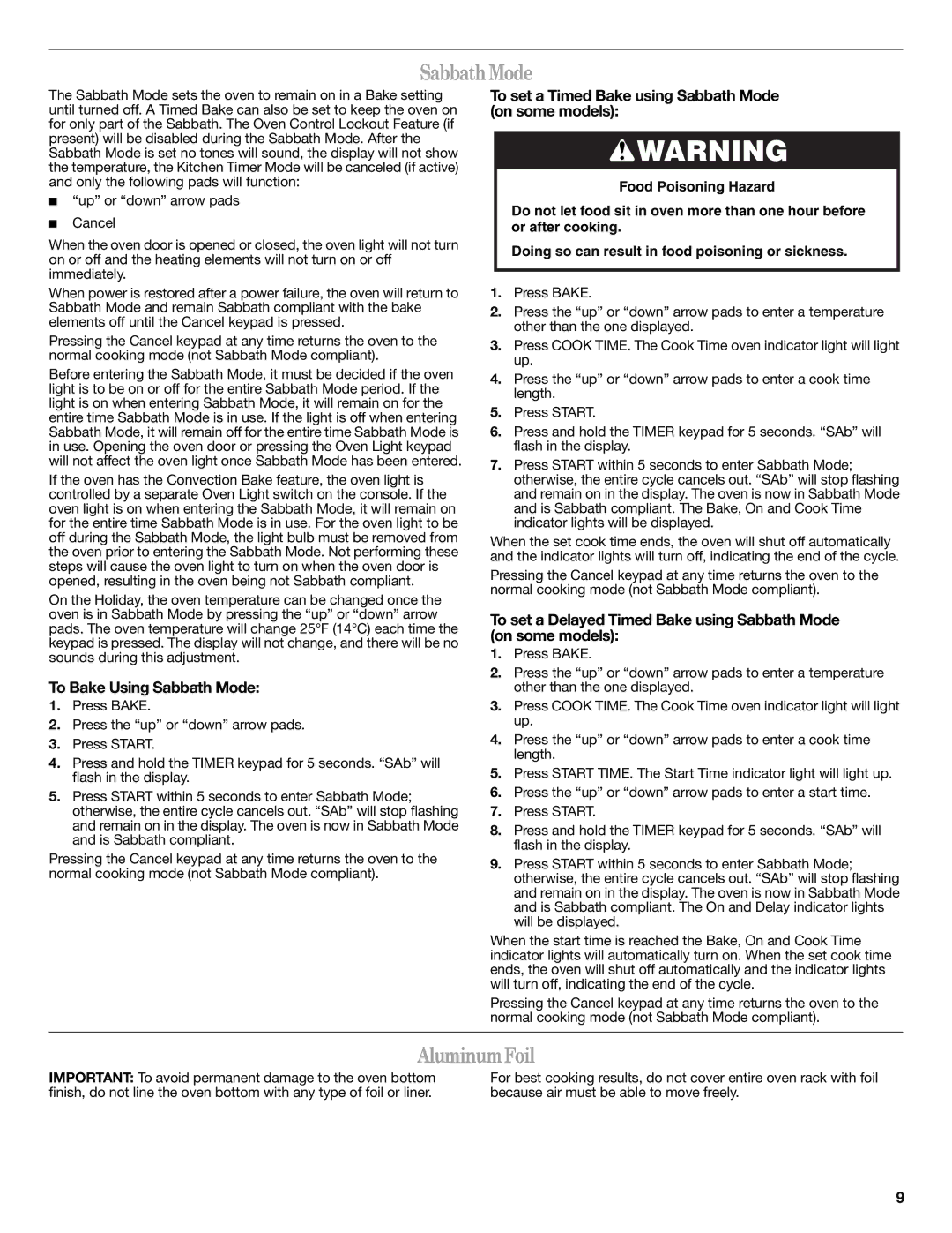 Whirlpool WFG540H0AB, W10392927A manual SabbathMode, AluminumFoil, To set a Timed Bake using Sabbath Mode on some models 