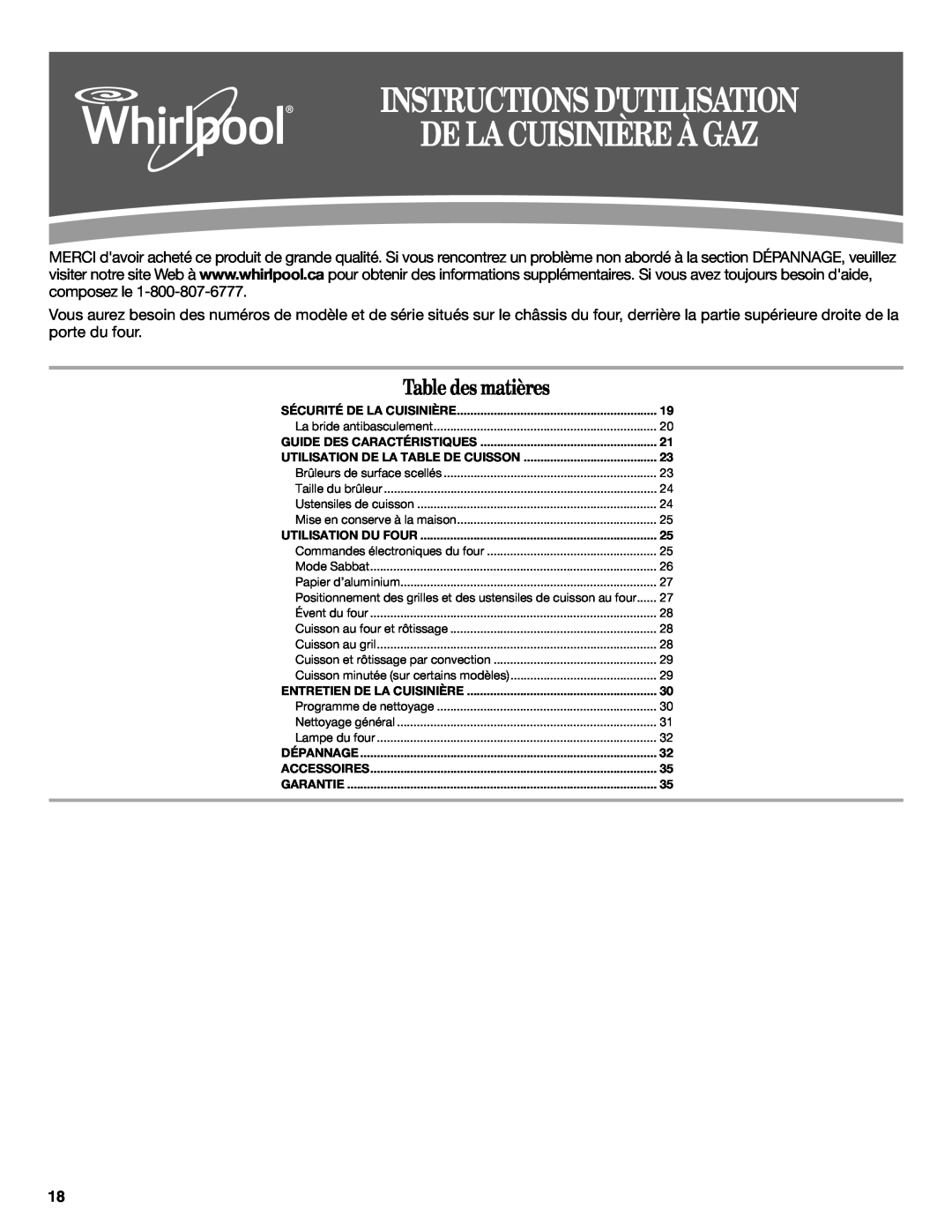 Whirlpool W10392927A, WFG520S0AW, WFG540H0AW manual Instructions Dutilisation De La Cuisinière À Gaz, Table des matières 