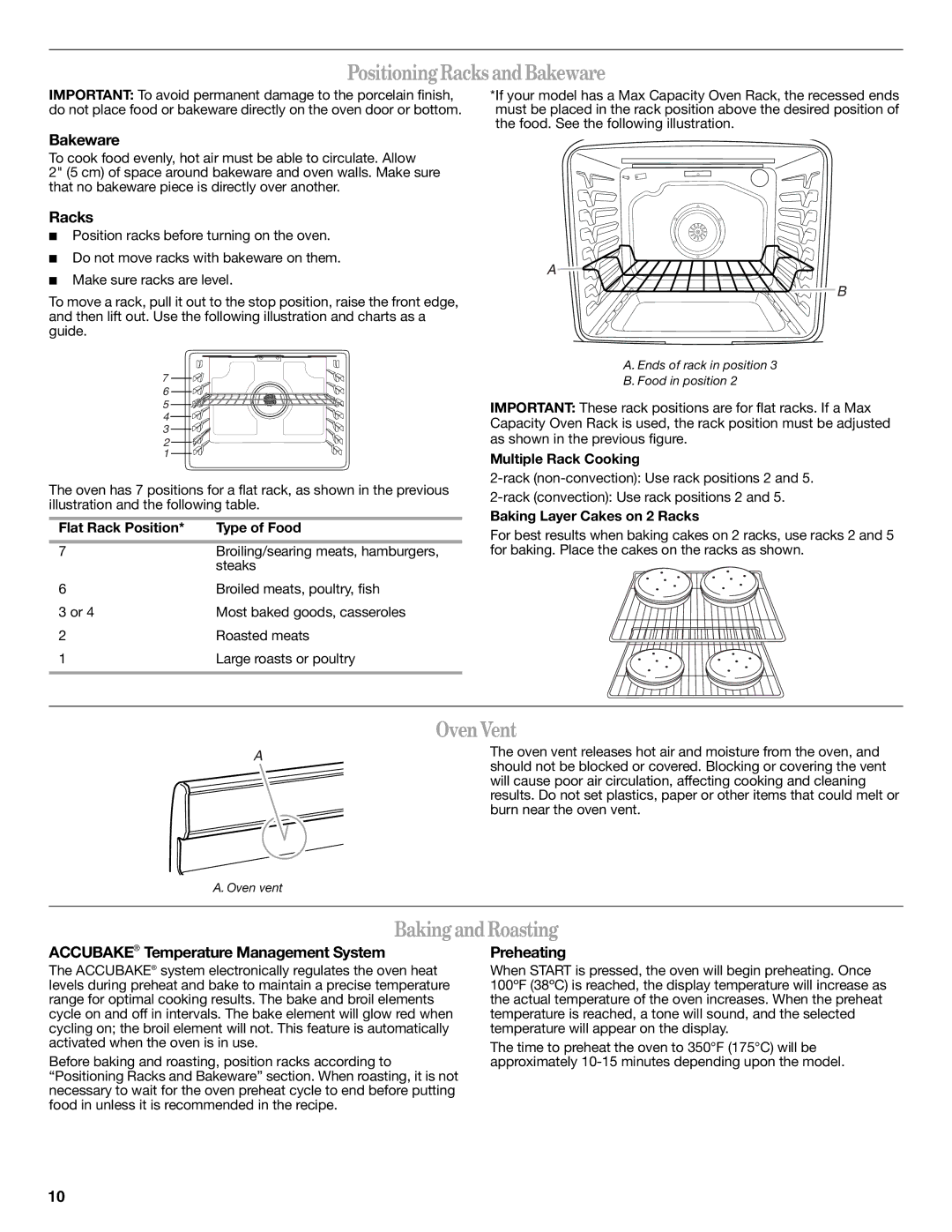 Whirlpool W10392930A, WFE540H0AS warranty PositioningRacksandBakeware, OvenVent, BakingandRoasting 