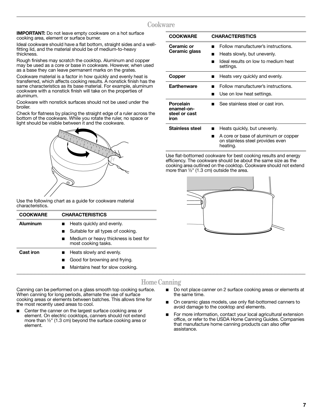 Whirlpool WFE540H0AS, W10392930A warranty HomeCanning, Cookware Characteristics 