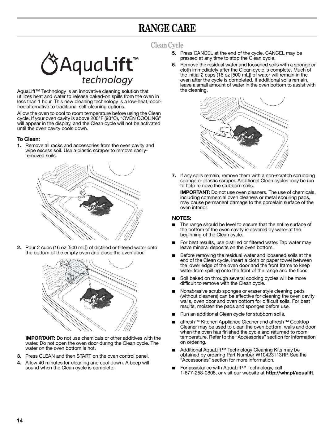 Whirlpool W10392932A warranty Range Care, CleanCycle, To Clean 