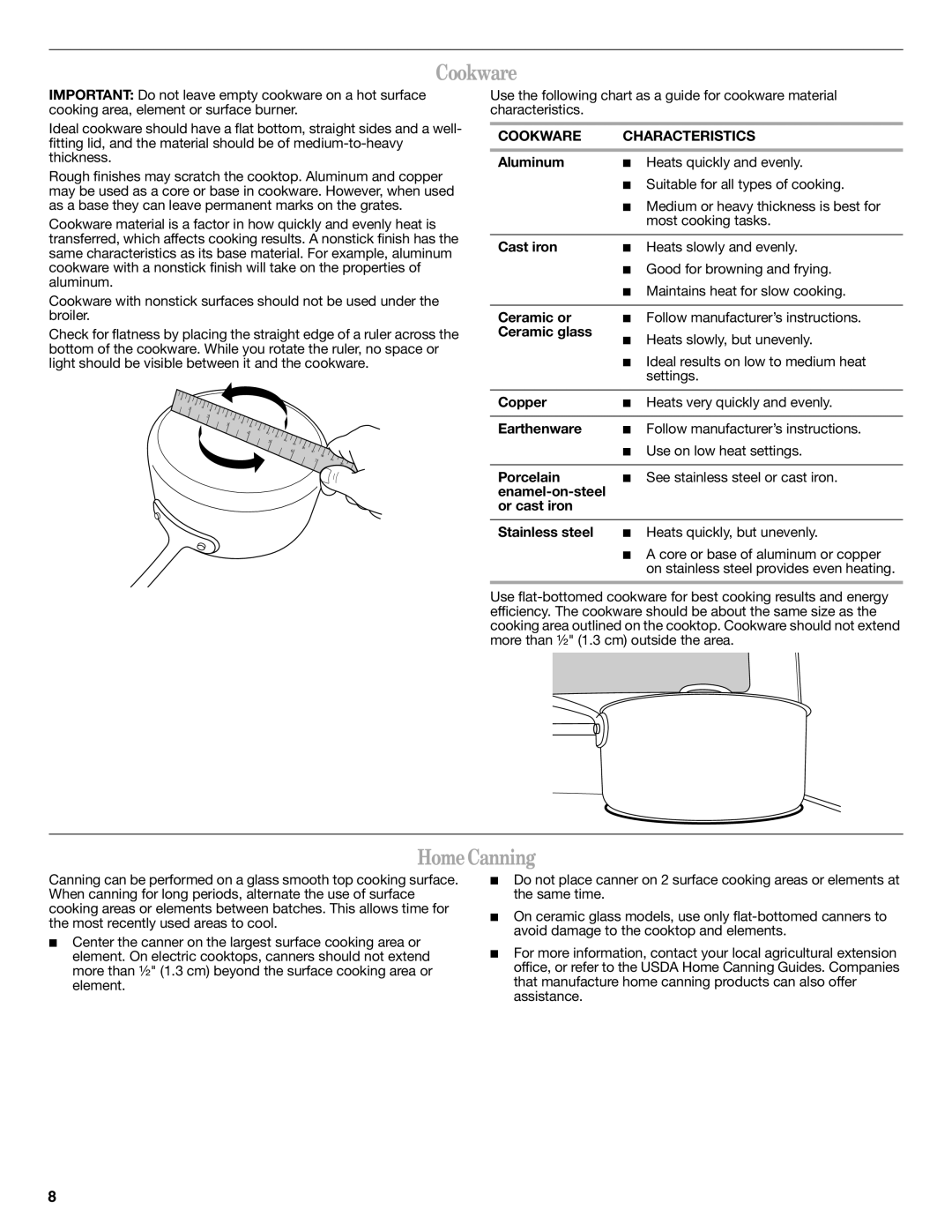 Whirlpool W10392932A warranty HomeCanning, Cookware Characteristics 